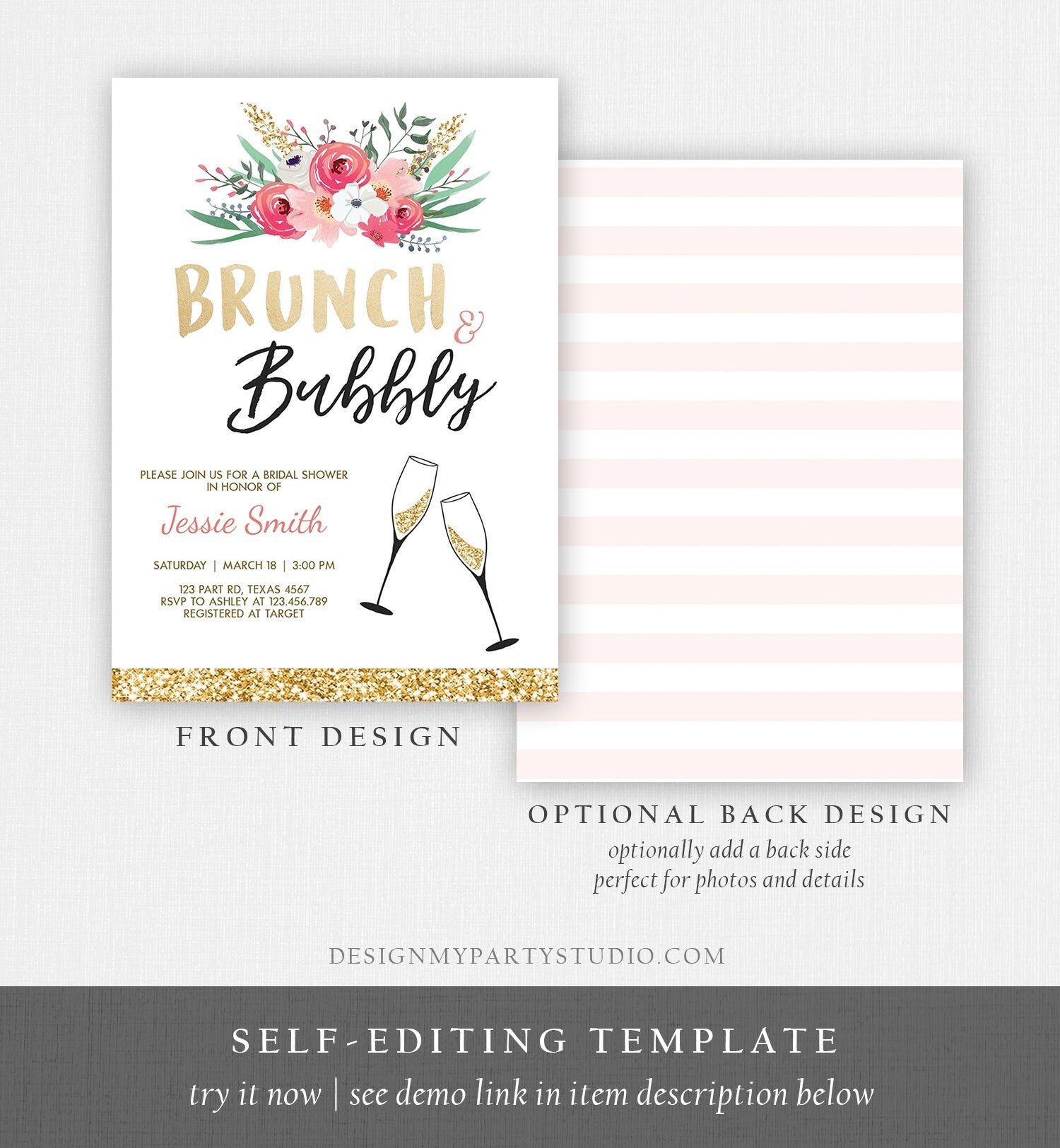 Editable Brunch and Bubbly Bridal Shower Invitation Floral Champagne Gold Pink Wedding Download Printable Template Digital Corjl 0318