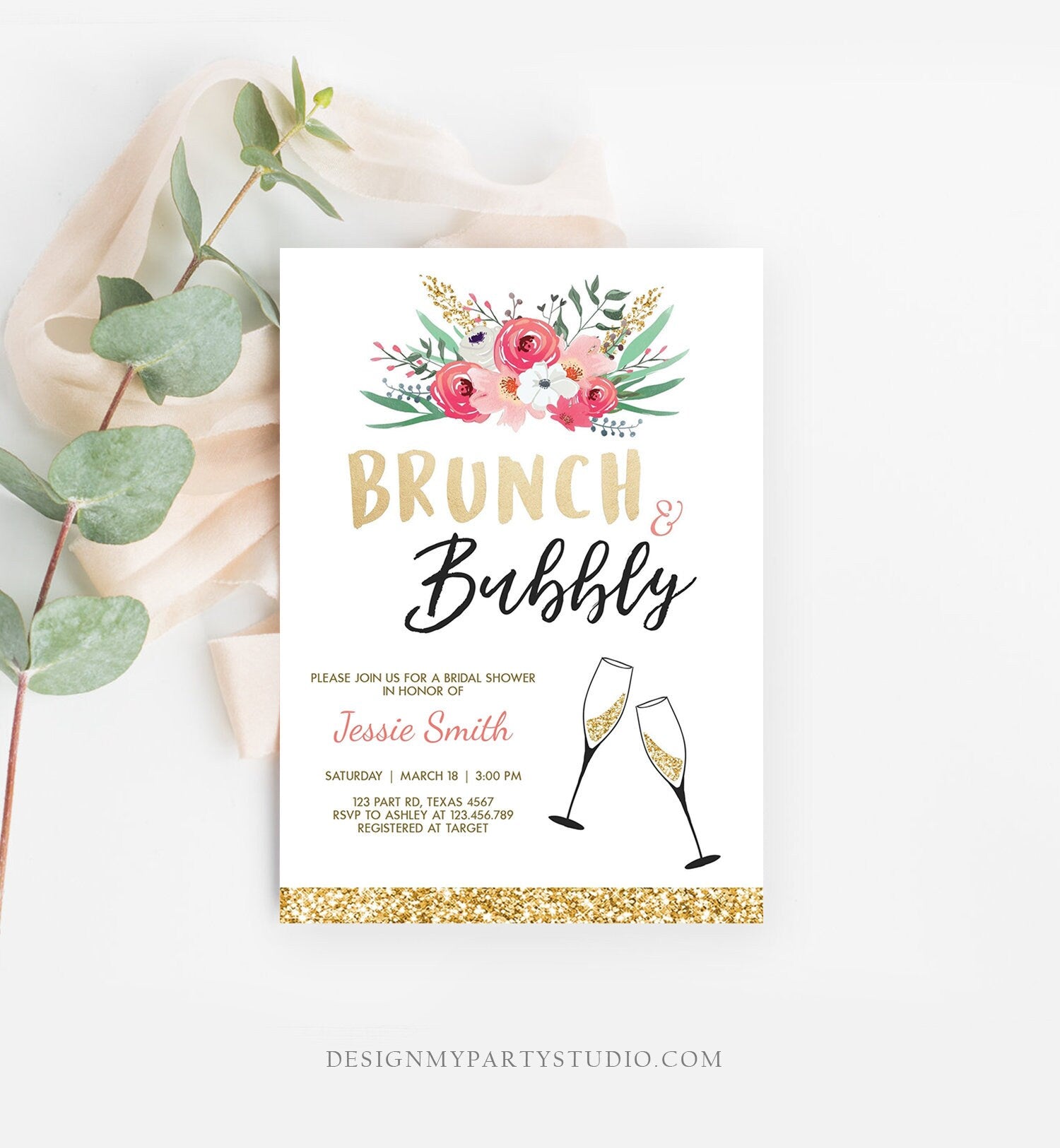 Editable Brunch and Bubbly Bridal Shower Invitation Floral Champagne Gold Pink Wedding Download Printable Template Digital Corjl 0318