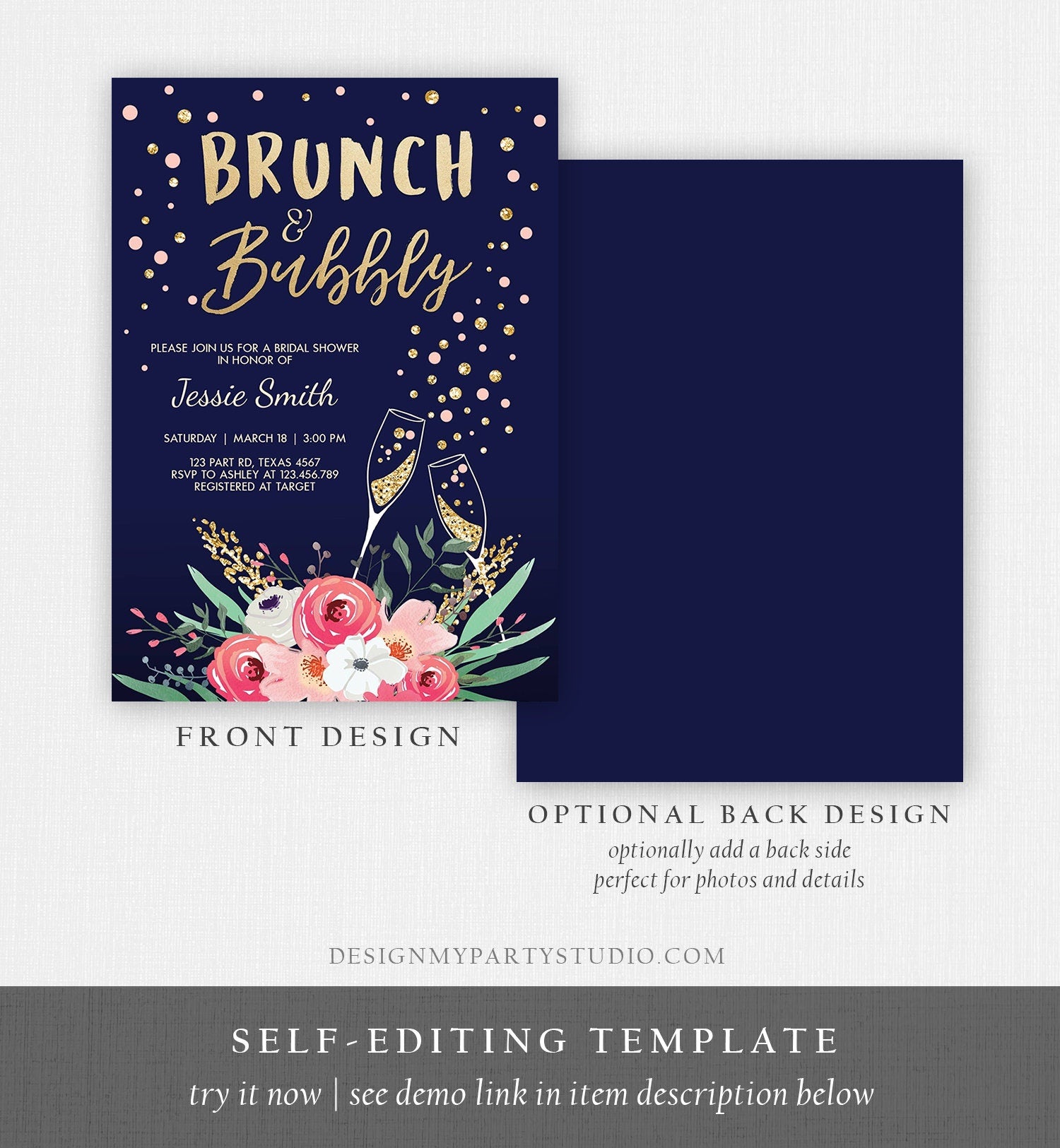 Editable Brunch and Bubbly Bridal Shower Invitation Floral Champagne Gold Pink Navy Wedding Download Printable Template Digital Corjl 0030