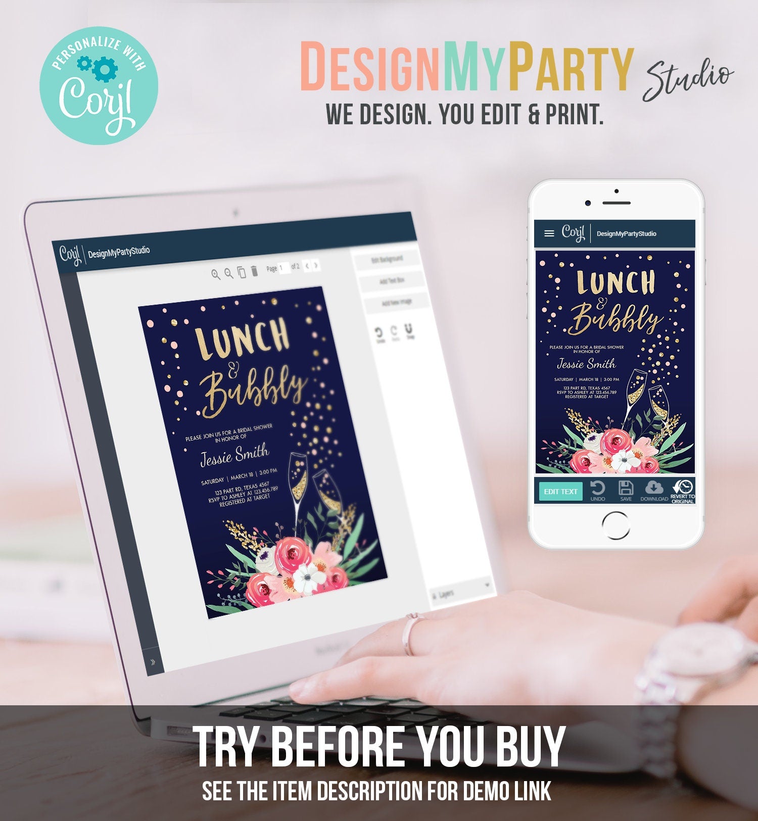 Editable Lunch and Bubbly Bridal Shower Invite Floral Champagne Gold Pink Navy Wedding Brunch Download Printable Template Digital Corjl 0318