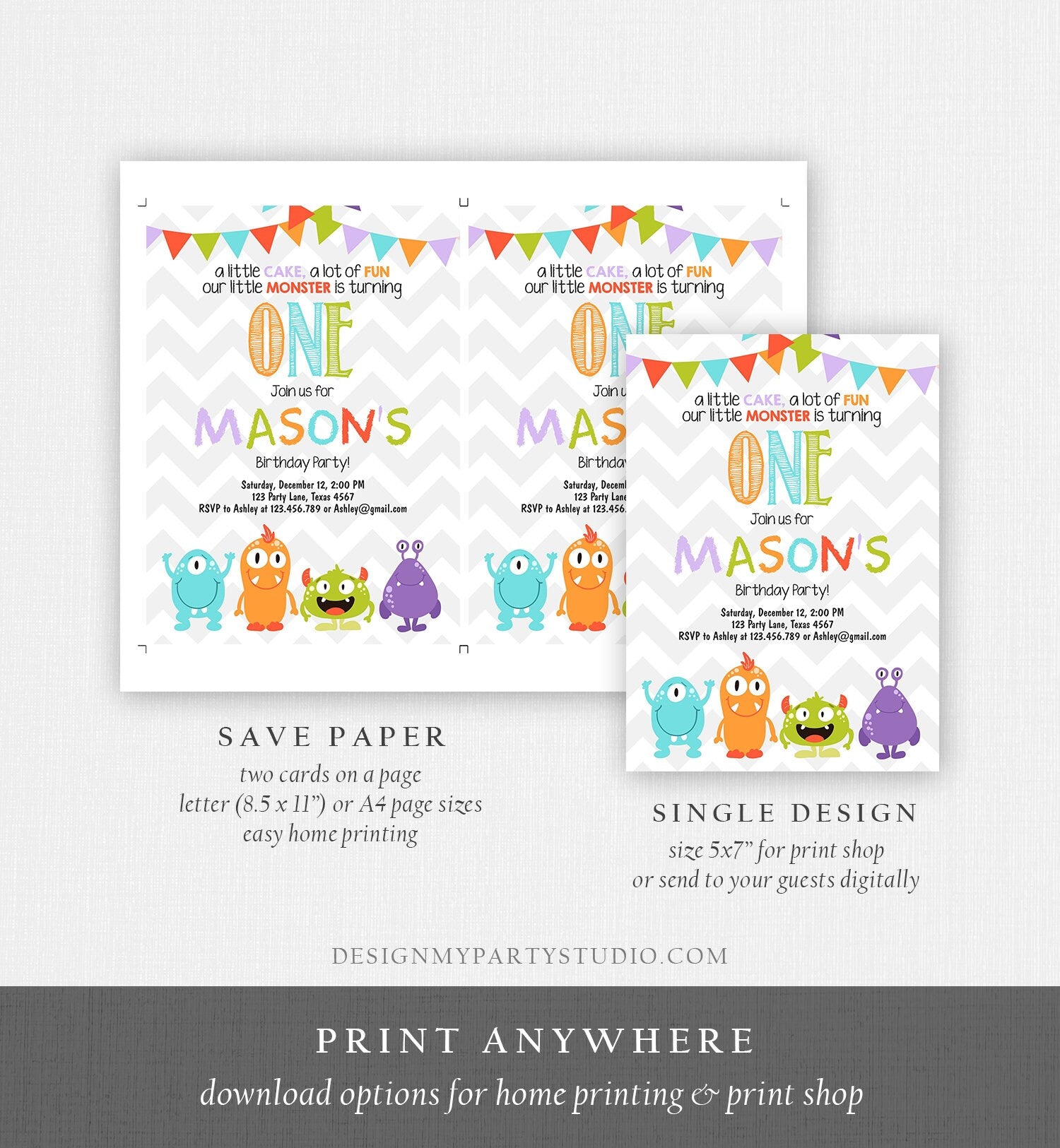 Editable Monster Birthday Invitation 1st Birthday Little Monster First Birthday Invite Boy Instant Download Printable Template Corjl 0058