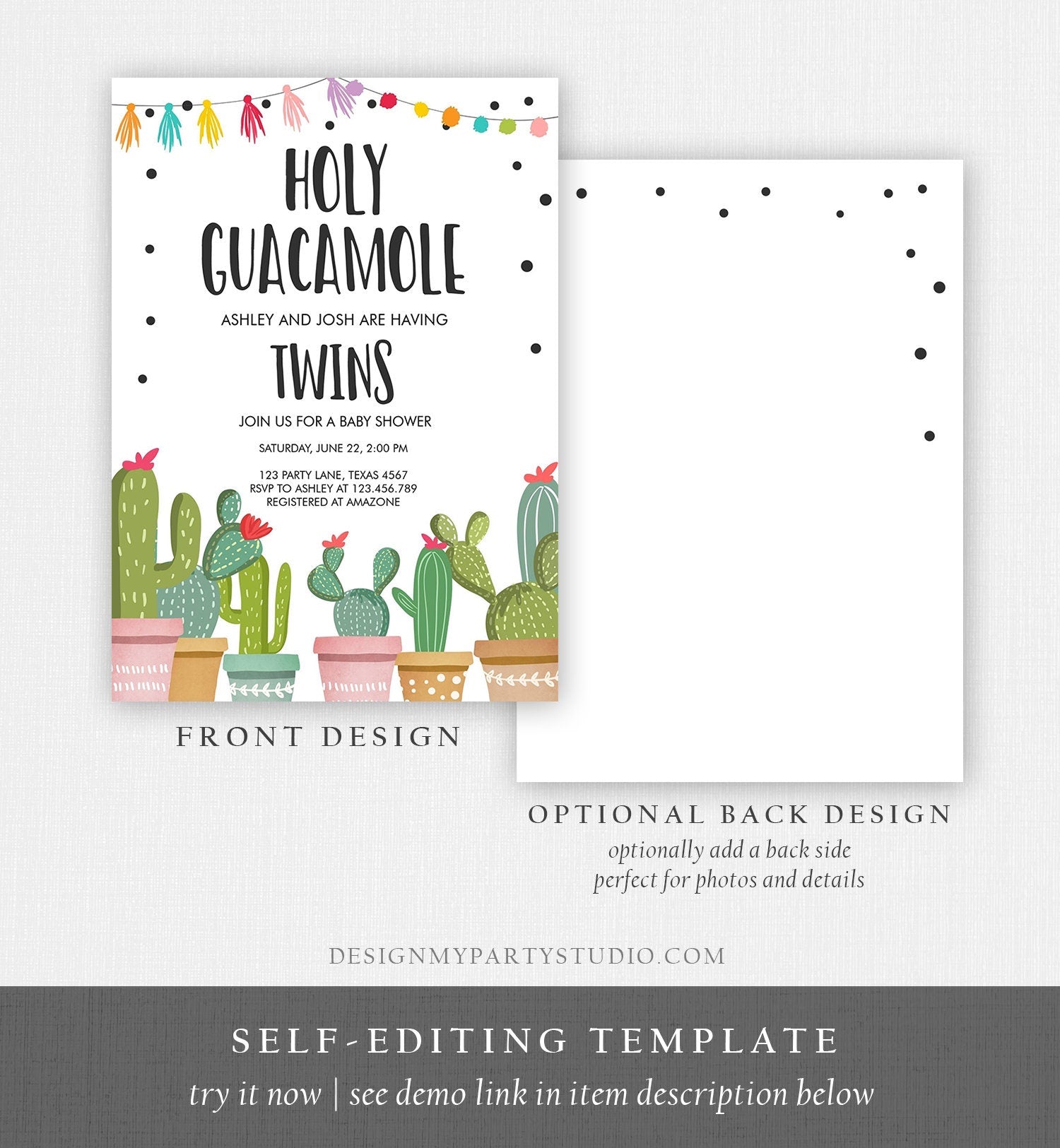 Editable Holy Guacamole Fiesta Twins Baby Shower Invitation Twin Coed Joined Sprinkle Cactus Mexican Succulent Corjl Template Printable 0254