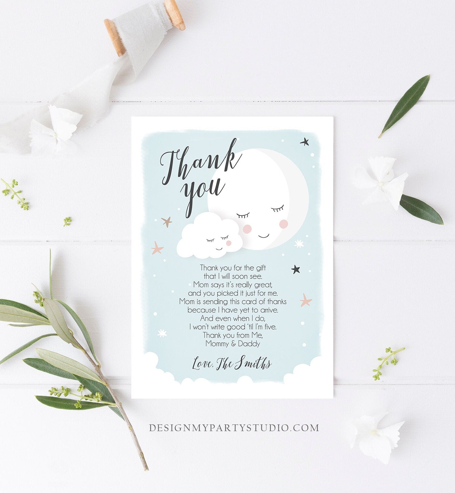 Editable Thank You Card Baby Shower Boy Loved to the Moon and Back Stars Thank You Blue Boy Sprinkle Template Instant Download Corjl 0113