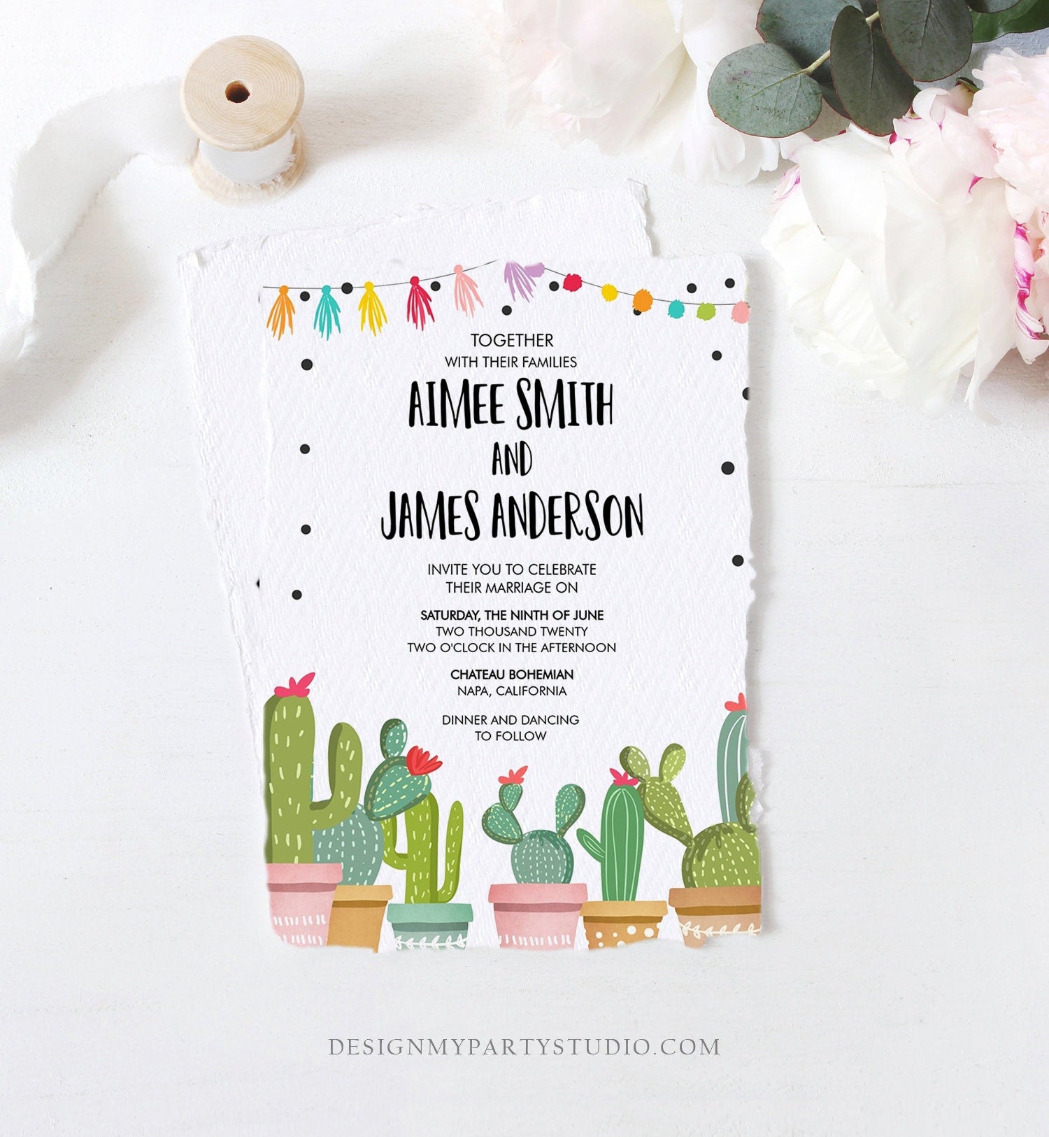 Editable Cactus Wedding Invitation Fiesta Wedding Invite Mexican Succulent Bohemian Instant Digital Download Corjl Template Printable 0254