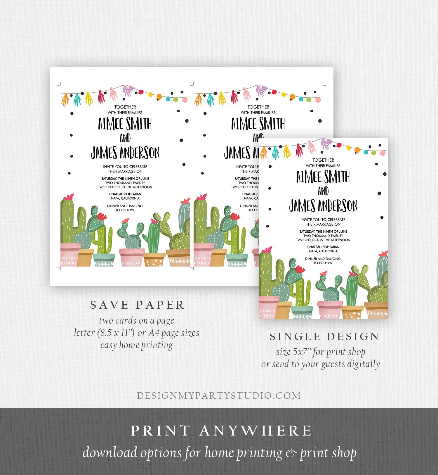 Editable Cactus Wedding Invitation Fiesta Wedding Invite Mexican Succulent Bohemian Instant Digital Download Corjl Template Printable 0254