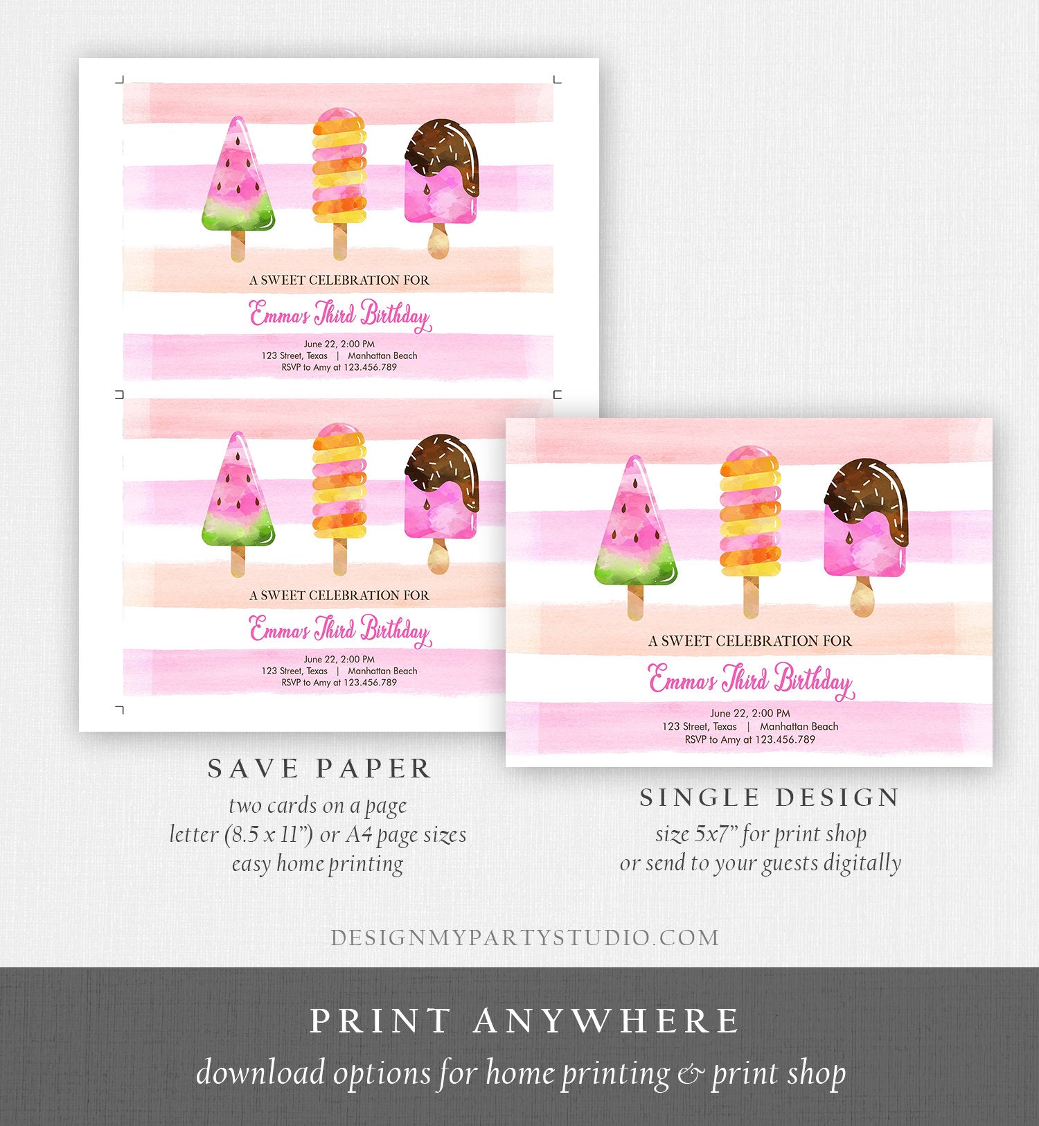 Editable Popsicle Birthday Invitation Pink Girl Birthday Summer Pool Party Popsicle Party Swim Download Printable Template Corjl 0143