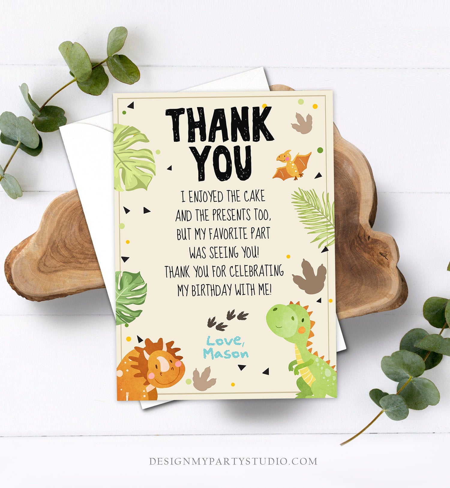 Editable Dinosaur Thank You Card Boy Prehistoric Dino Dig Party T-Rex Fossil Foot Prints Digital Download Printable Template Corjl 0283