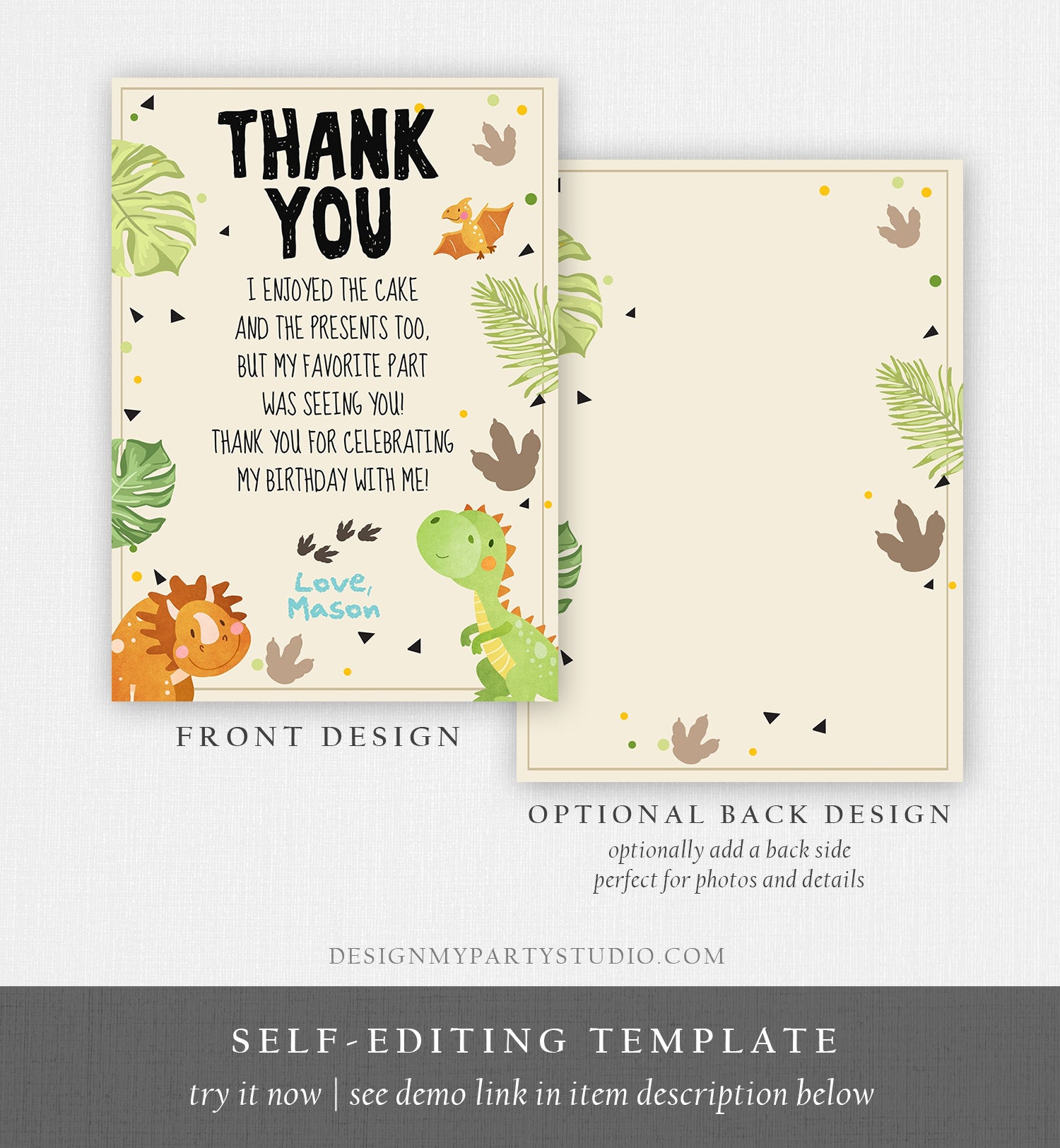 Editable Dinosaur Thank You Card Boy Prehistoric Dino Dig Party T-Rex Fossil Foot Prints Digital Download Printable Template Corjl 0283