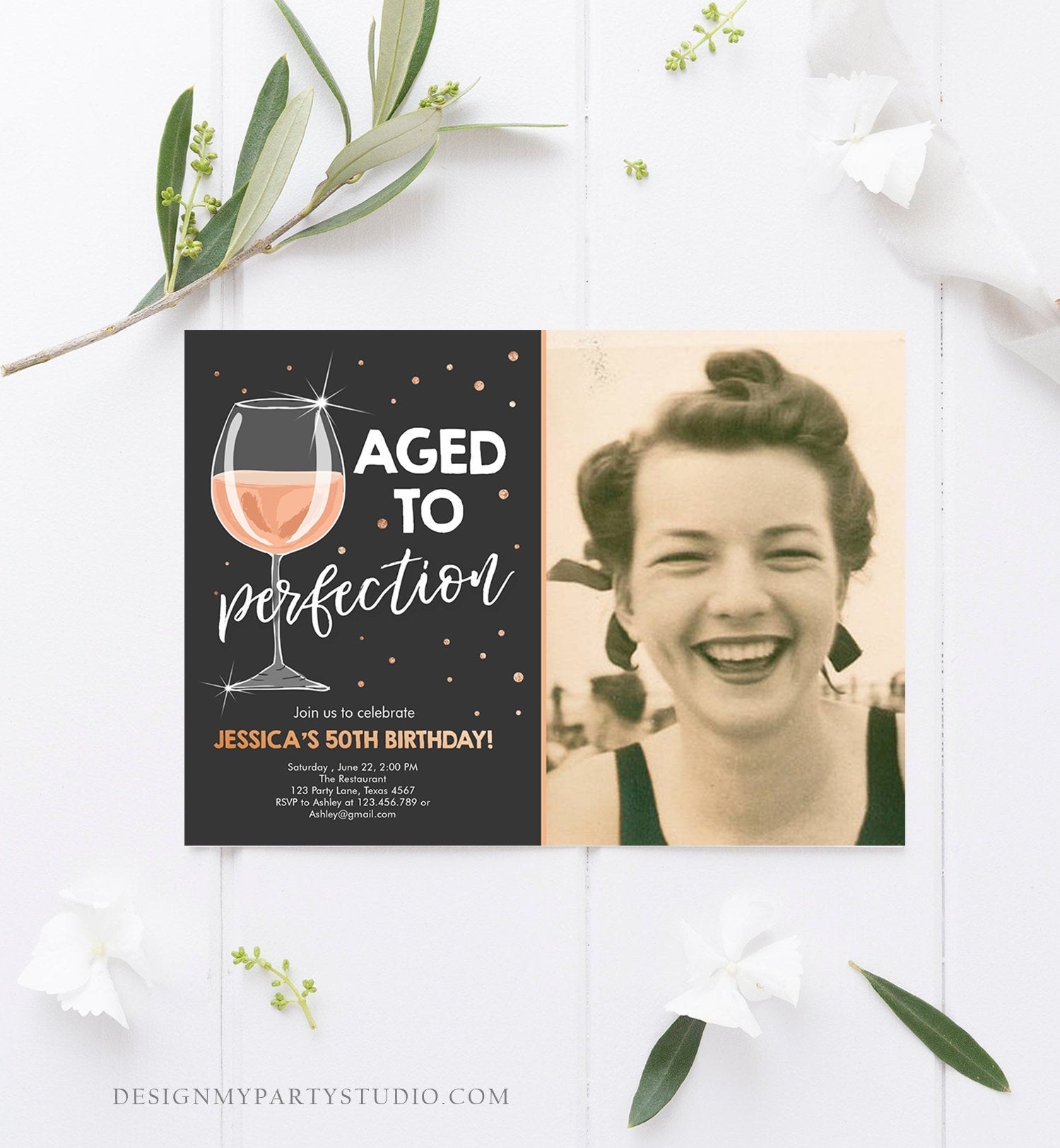 Editable Aged to Perfection Birthday Invitation Wine Adult Birthday Invite Rustic Surprise Gold Pink Download Printable Template Corjl 0252