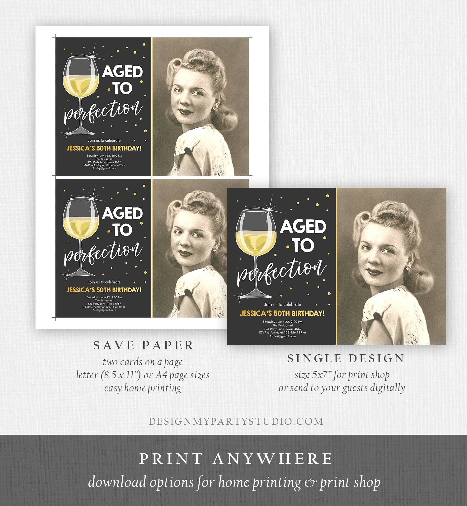 Editable Aged to Perfection Birthday Invitation Wine Adult Birthday Invite Rustic Surprise Confetti Download Printable Template Corjl 0252