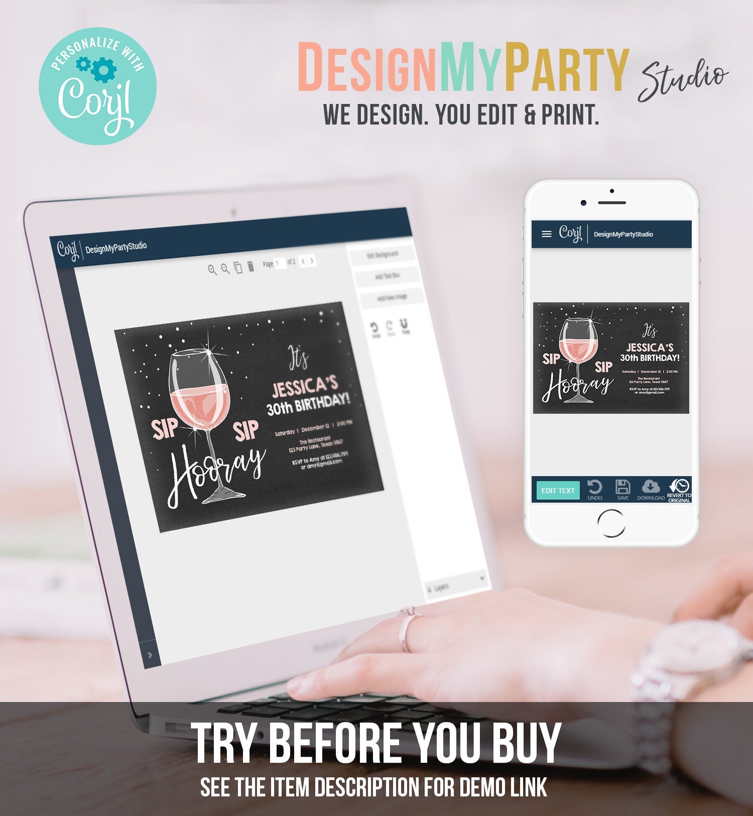 Editable Sip Sip Hooray Birthday Invitation Adult Surprise Party Rustic Chalk 30th Rose Wine Posh Chic Printable Corjl Template 0252