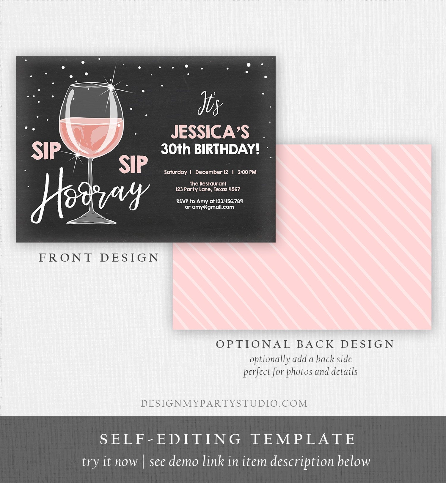 Editable Sip Sip Hooray Birthday Invitation Adult Surprise Party Rustic Chalk 30th Rose Wine Posh Chic Printable Corjl Template 0252