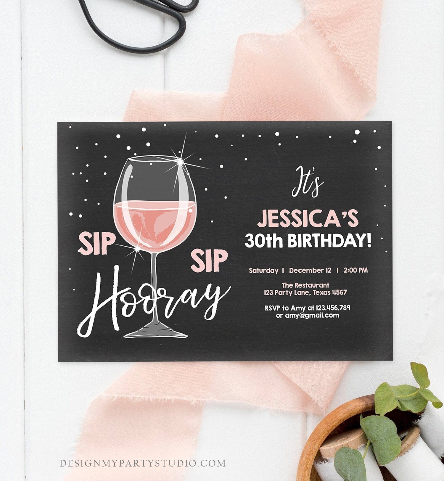 Editable Sip Sip Hooray Birthday Invitation Adult Surprise Party Rustic Chalk 30th Rose Wine Posh Chic Printable Corjl Template 0252