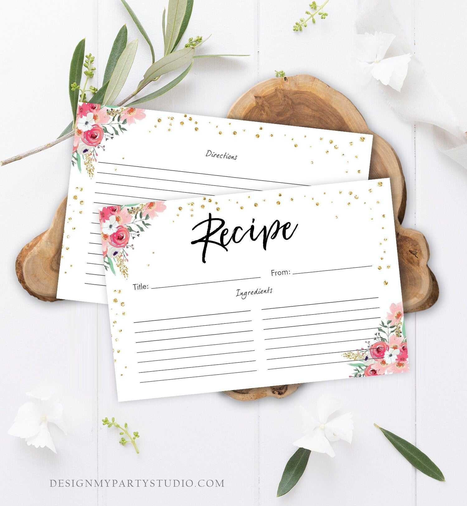 Editable Pink Floral Recipe Cards Travel Brunch and Bubbly Bridal Shower Miss to Mrs Gold Confetti Double Sided 4x6 Corjl Template 0030 0318