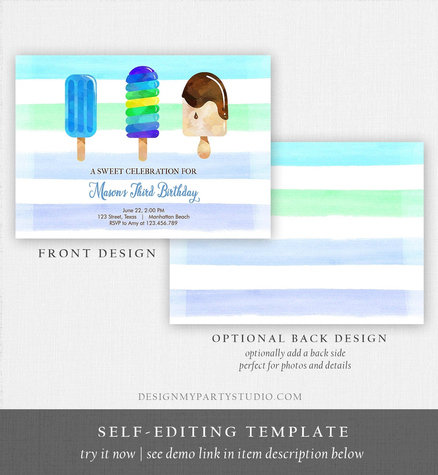 Editable Popsicle Birthday Invitation Boy Birthday Summer Pool Party Popsicle Party Swim Blue Green Download Printable Template Corjl 0143