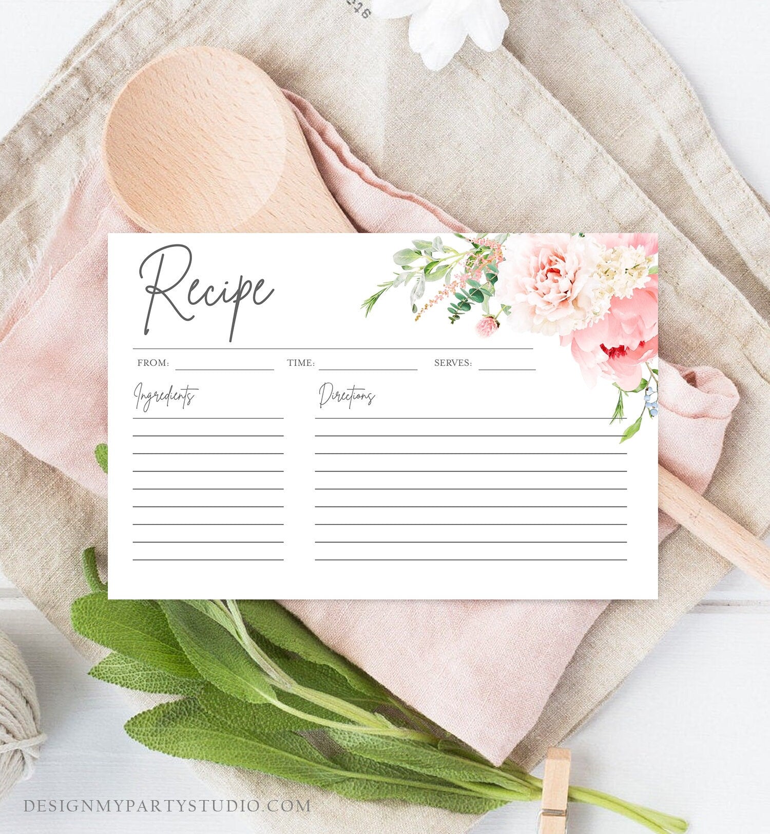 Editable Recipe Card Kitchen Bridal Shower Botanical Flowers Pink Floral Peony Bohemian Wedding Digital Corjl Template Printable 0167