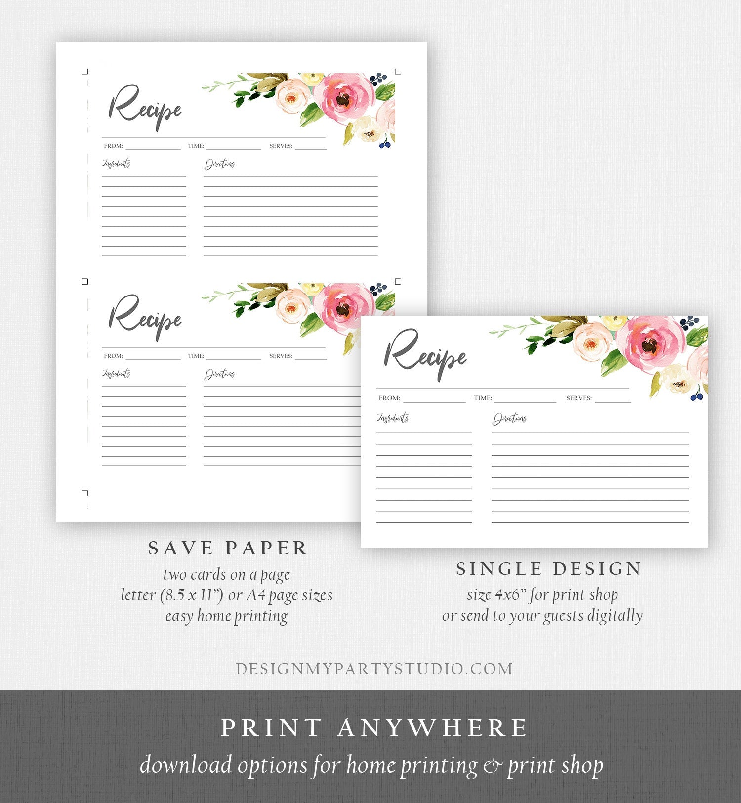 Editable Recipe Card Kitchen Bridal Shower Floral Recipe Card Pink Boho Recipe Card Shower Download Printable Corjl Template Digital 0166