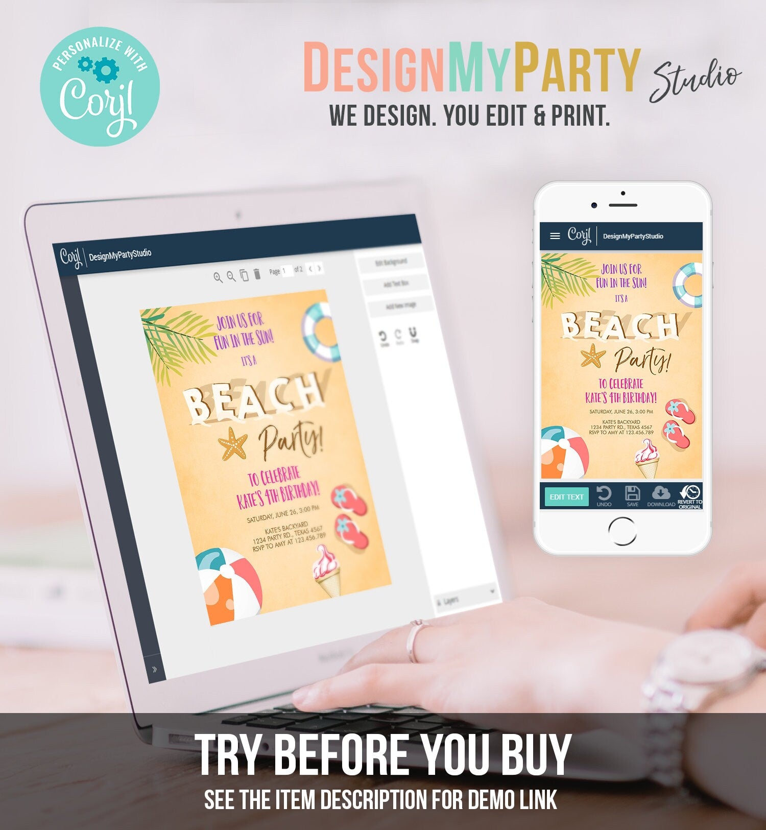 Editable Beach Party Invitation Birthday Invite Surf Party Summer Sea Sand Beach Ball Girl Pink Download Printable Template Corjl 0158