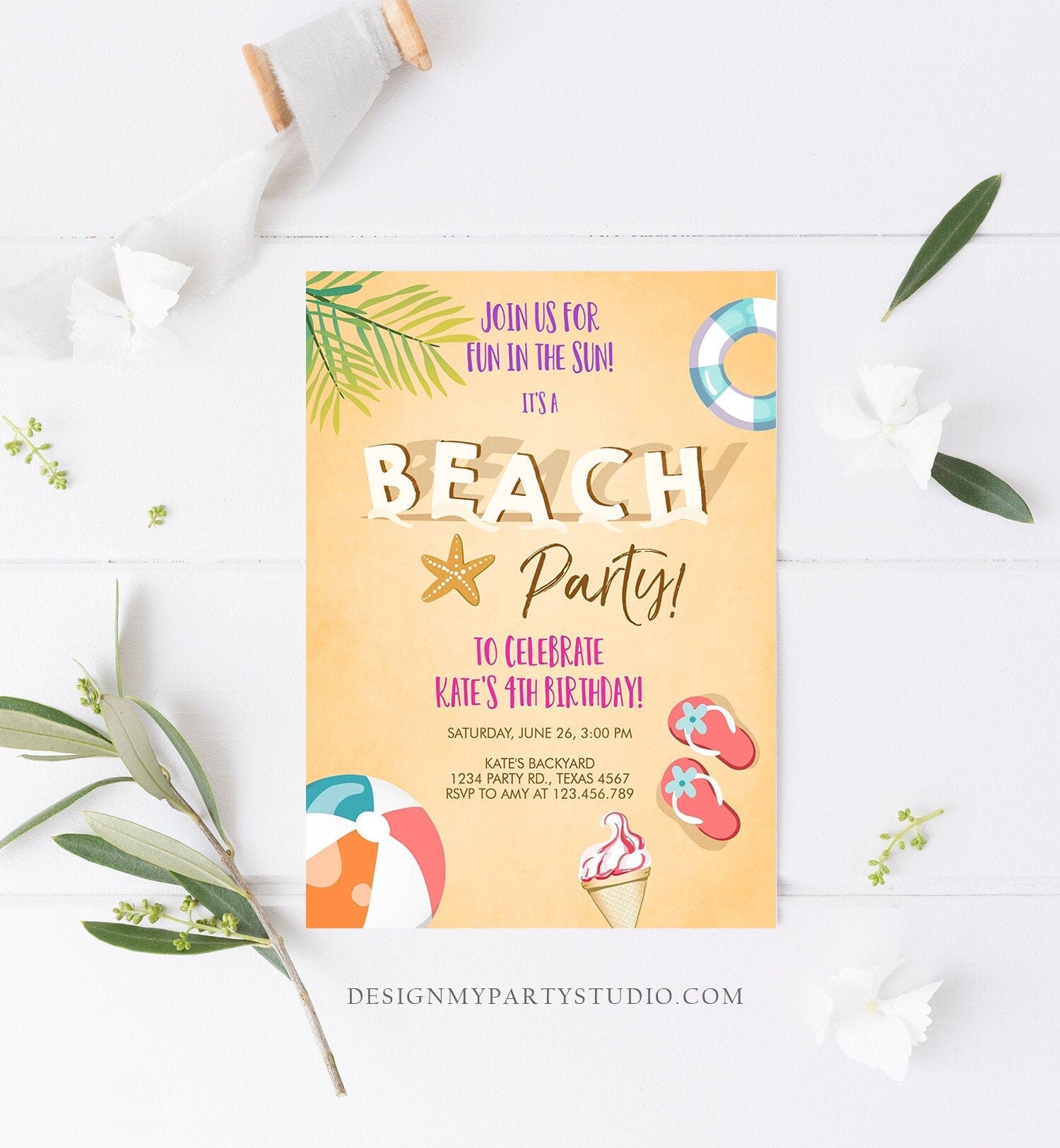 Editable Beach Party Invitation Birthday Invite Surf Party Summer Sea Sand Beach Ball Girl Pink Download Printable Template Corjl 0158