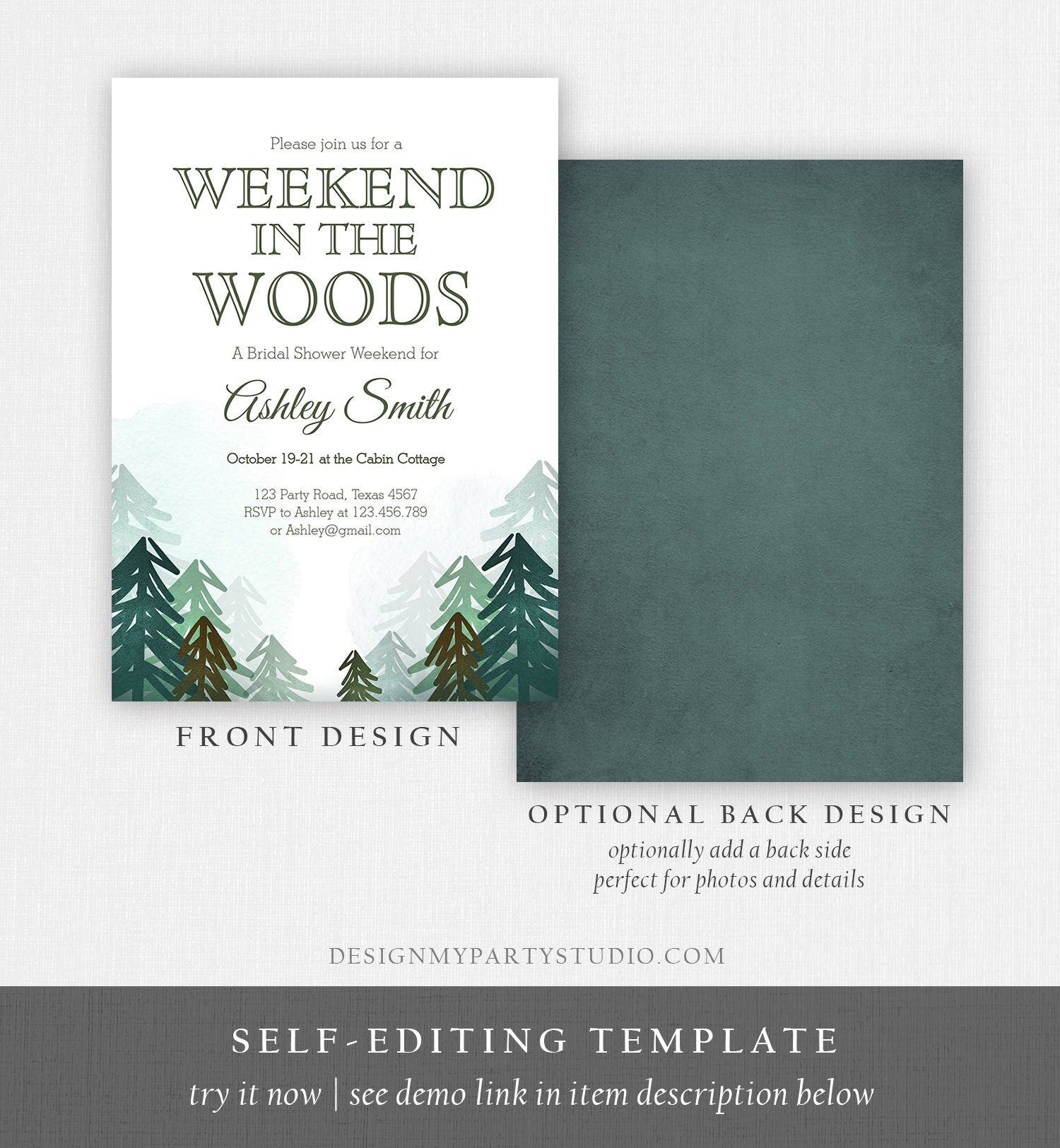 Editable Weekend in the Woods Bridal Shower Invitation Bachelorette Bachelor Forest Camping Outdoor Party Birthday Party Corjl Template 0295