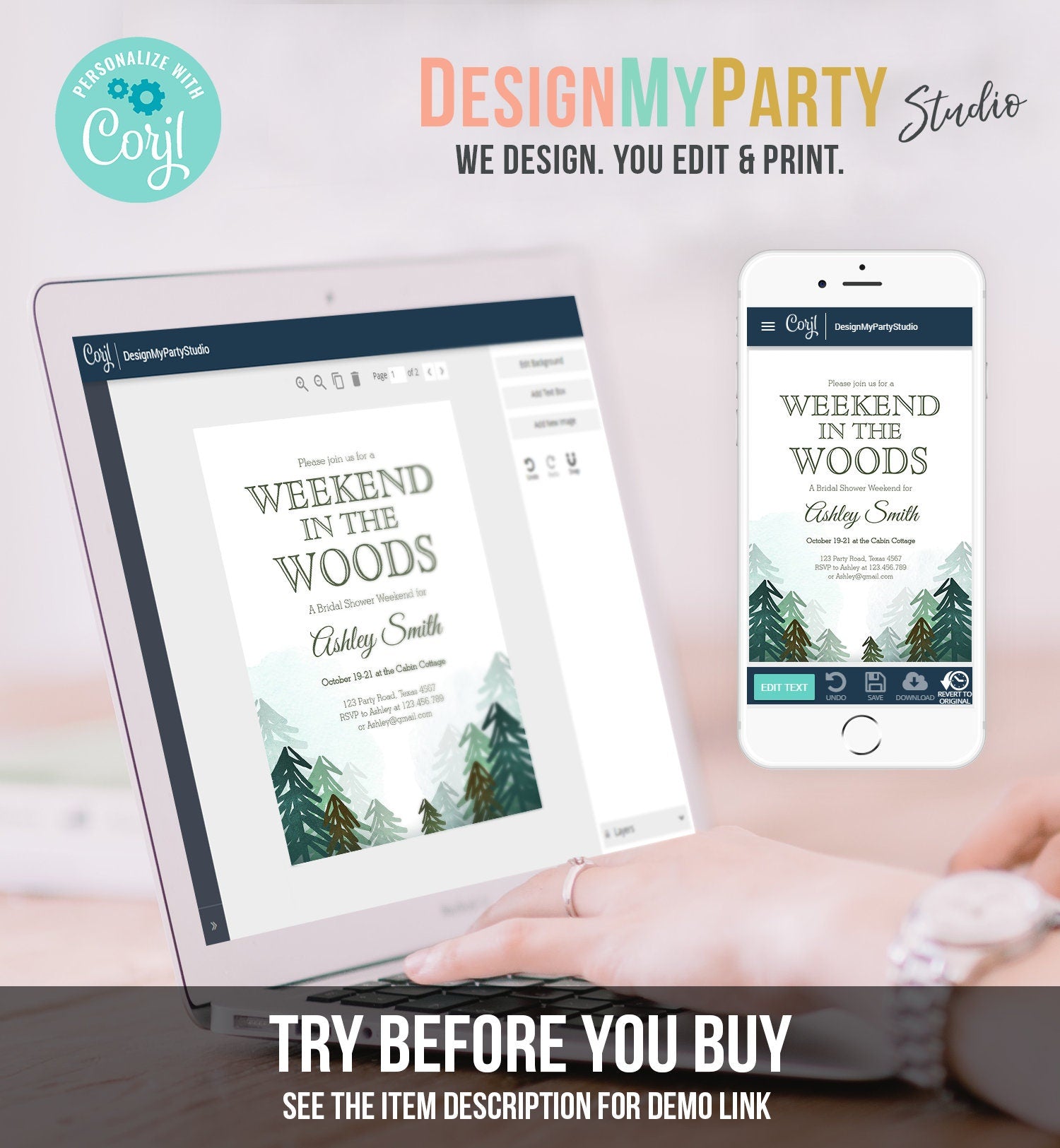 Editable Weekend in the Woods Bridal Shower Invitation Bachelorette Bachelor Forest Camping Outdoor Party Birthday Party Corjl Template 0295