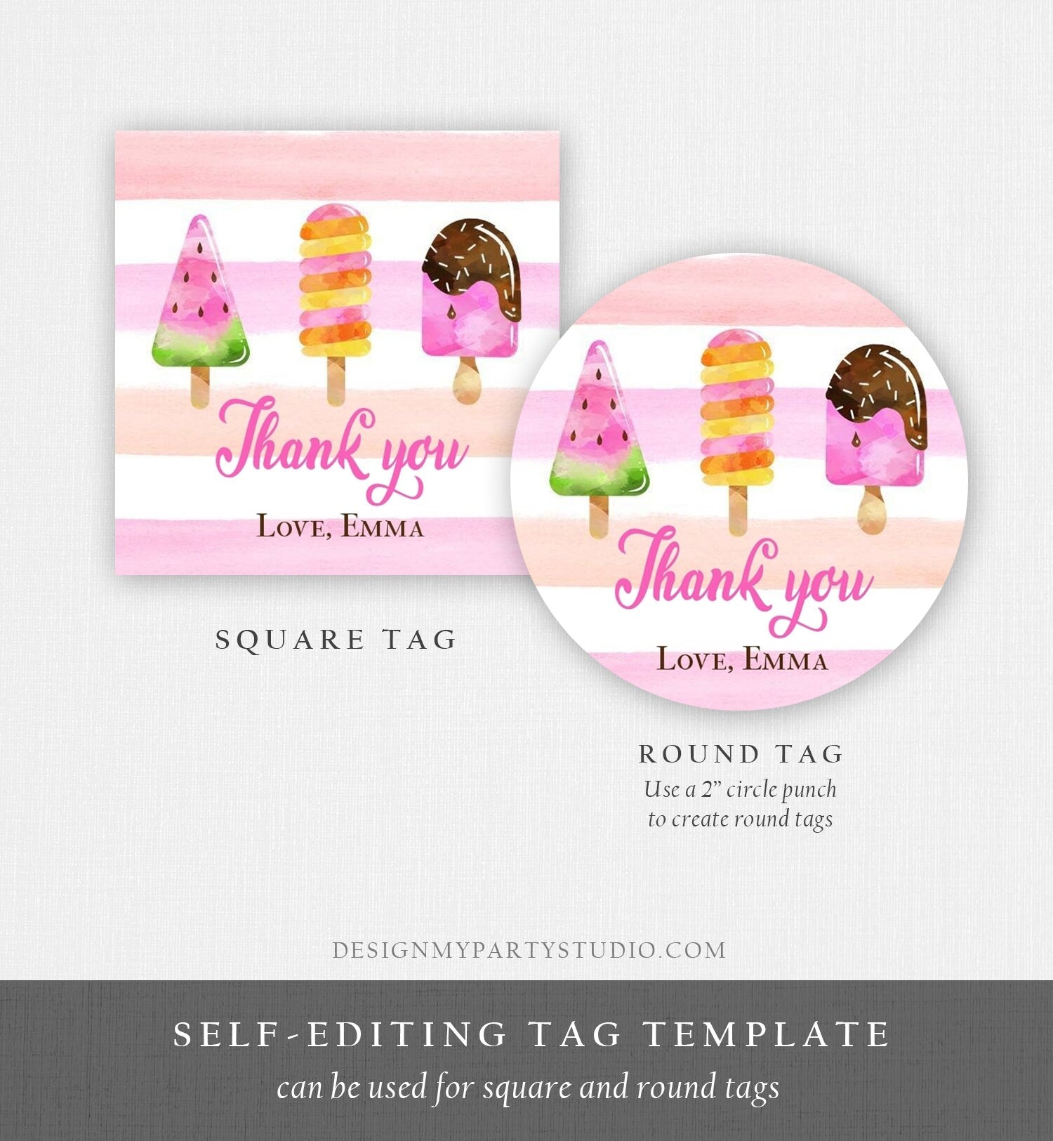 Editable Popsicle Thank you Tags Popsicle Stickers Popsicle Birthday Girl Pink Ice Cream Party Summer Favor Tags Template Corjl 0143