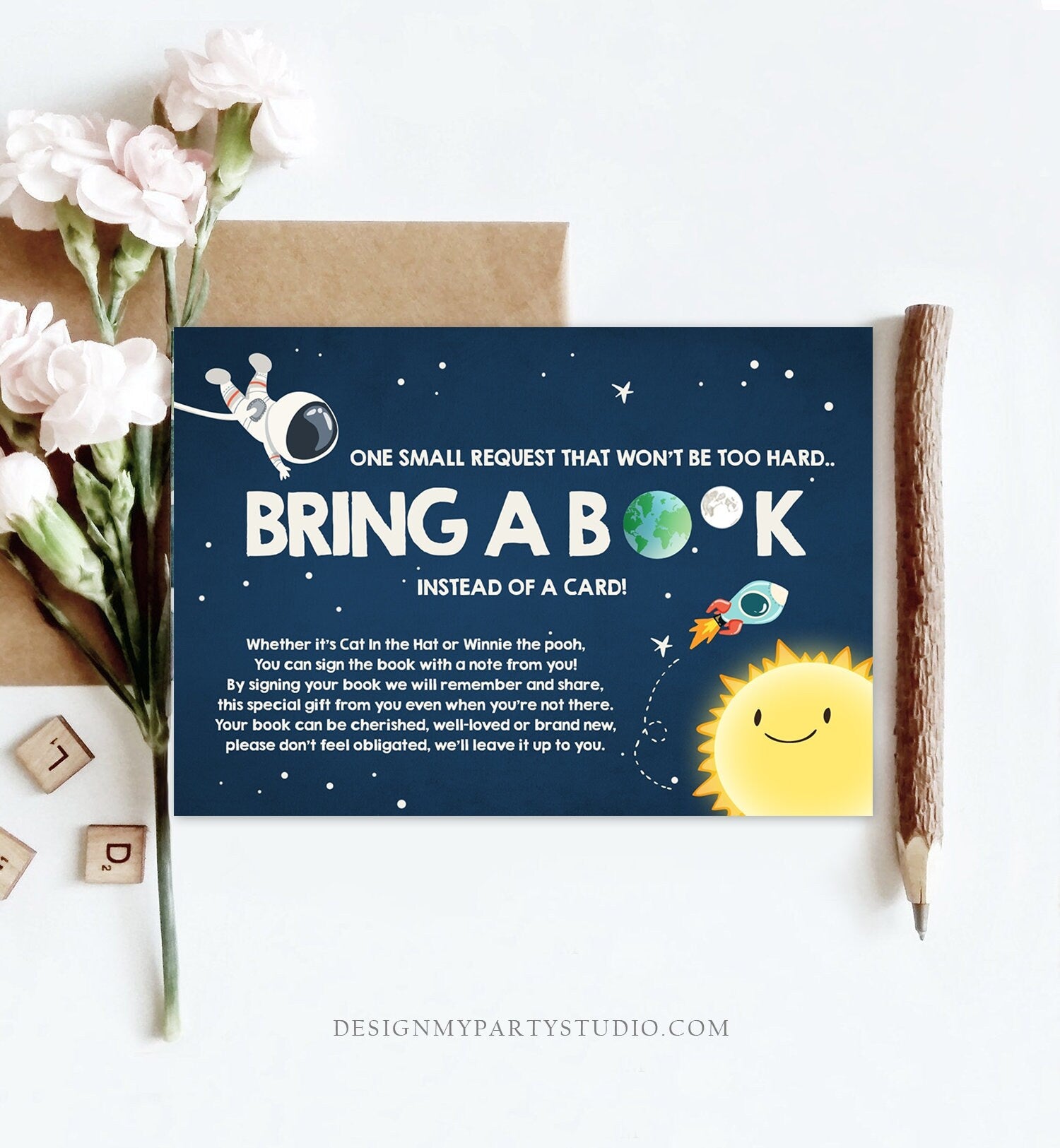 Editable Outer Space Bring a Book Card Baby Shower Space Astronaut Around the Sun Baby Sprinkle Boy Rocket Book Insert Corjl Template 0046