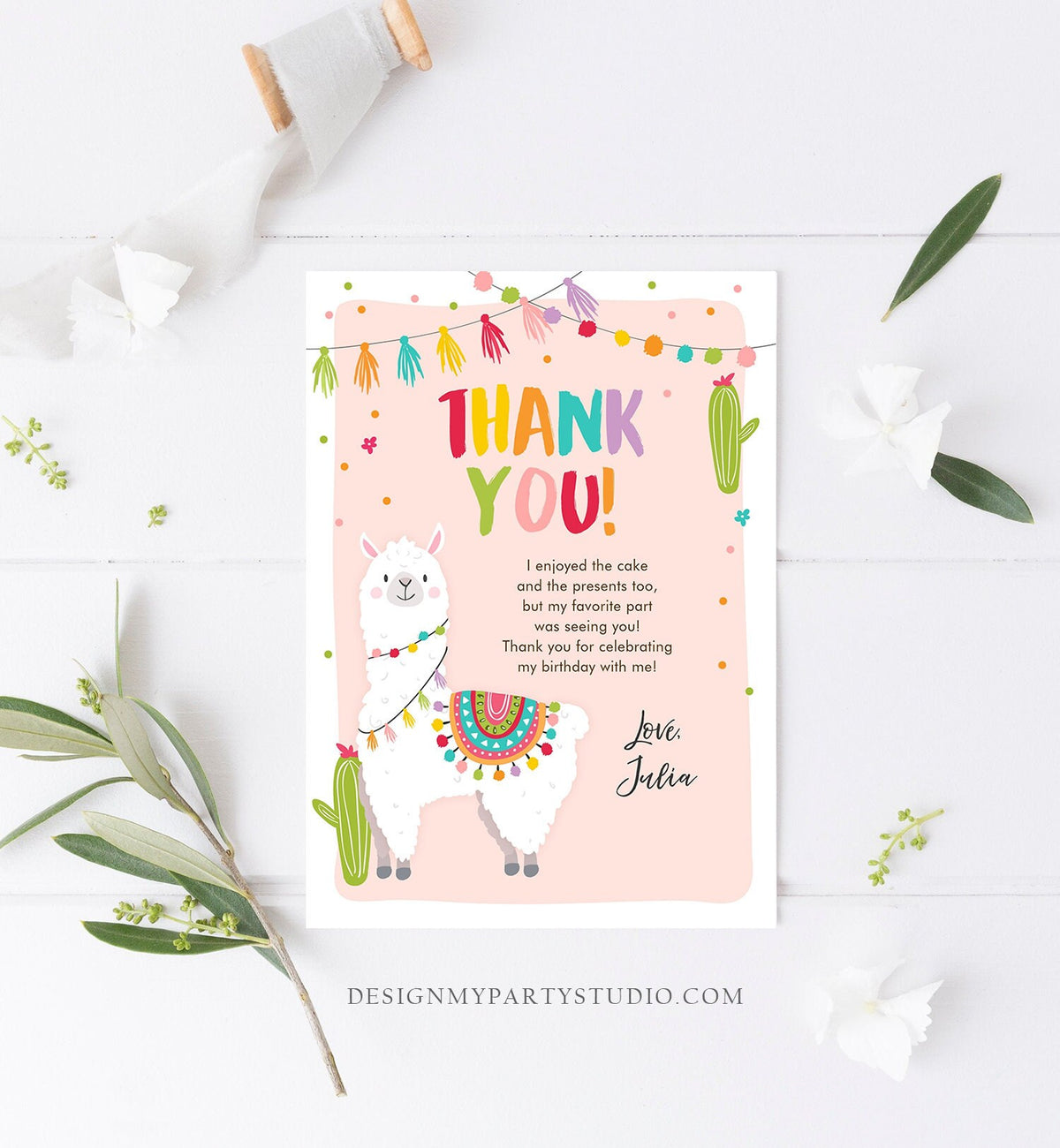 Editable Whole Llama Fun Thank You Card Llama Alpaca Birthday Cactus Girl Pink Fiesta Mexican Party Download Printable Corjl Template 0079