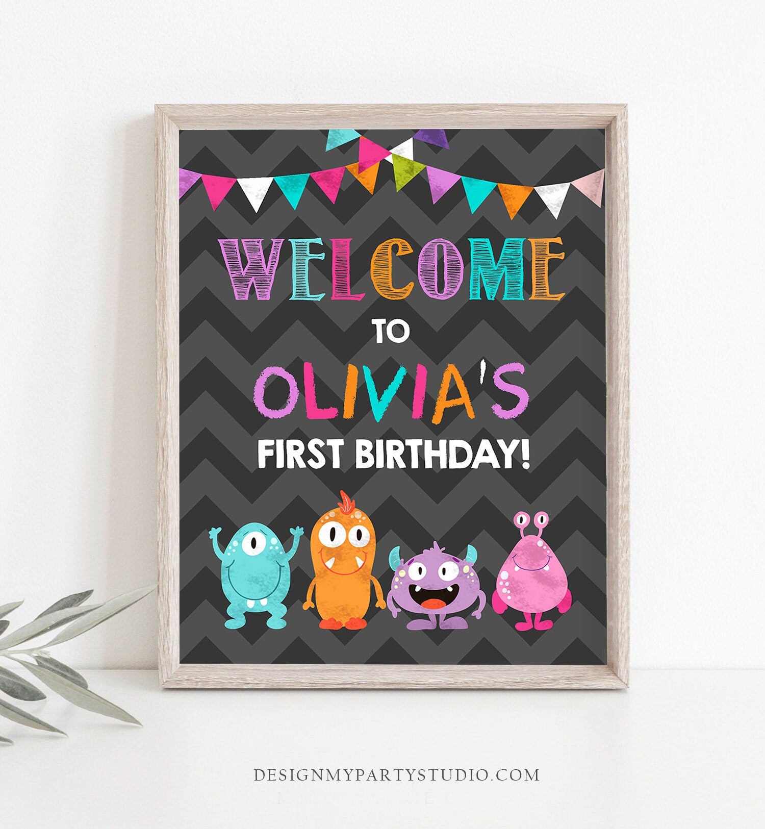 Editable Welcome Sign Monster Birthday Party Girl Monster Bash Pink Purple Little Monster Decor Download Template Printable Corjl 0058