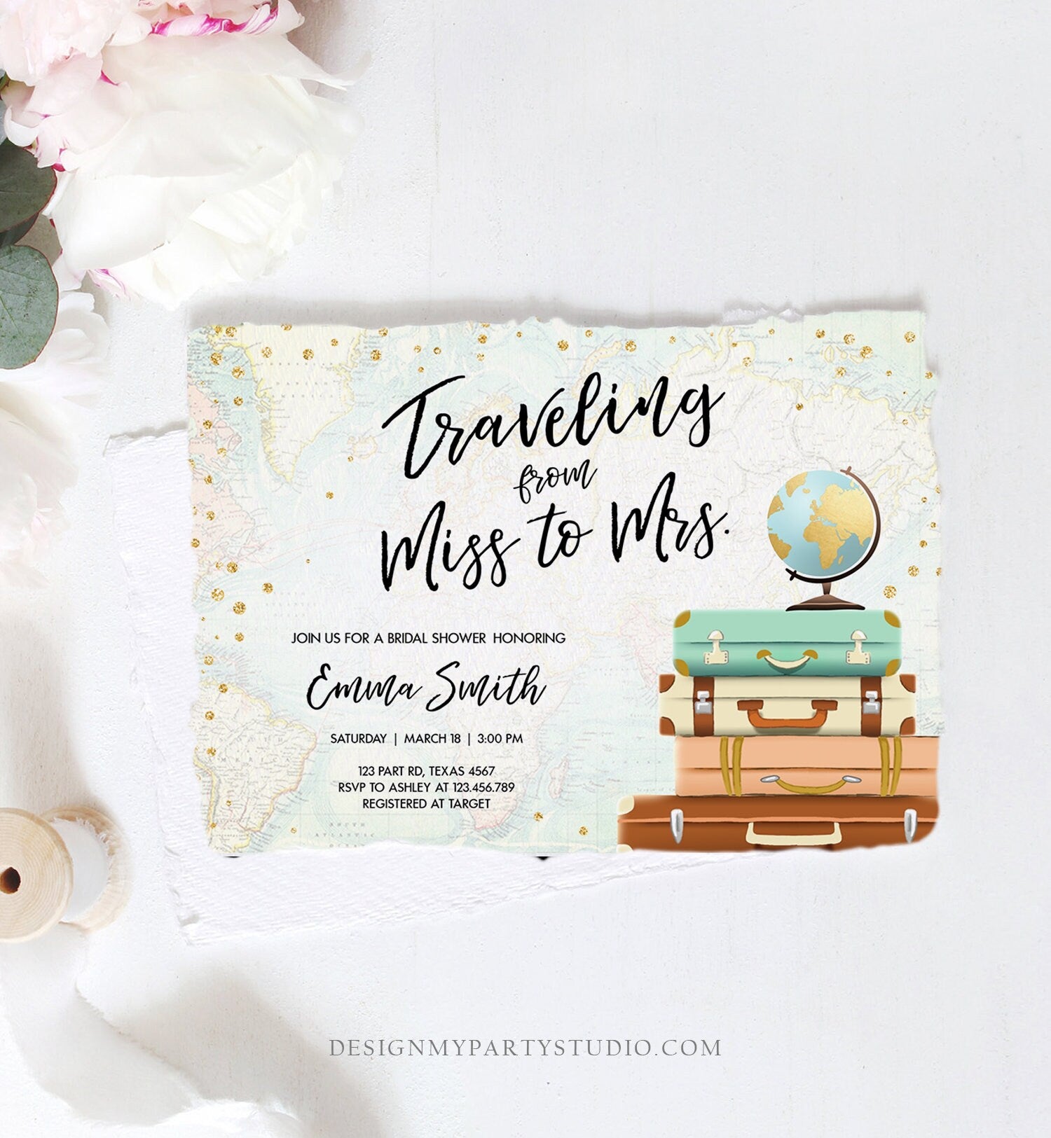 Editable Bridal Shower Invitation Traveling from Miss to Mrs Travel World Map Suitcase Vintage Floral Download Printable Template Corjl 0263