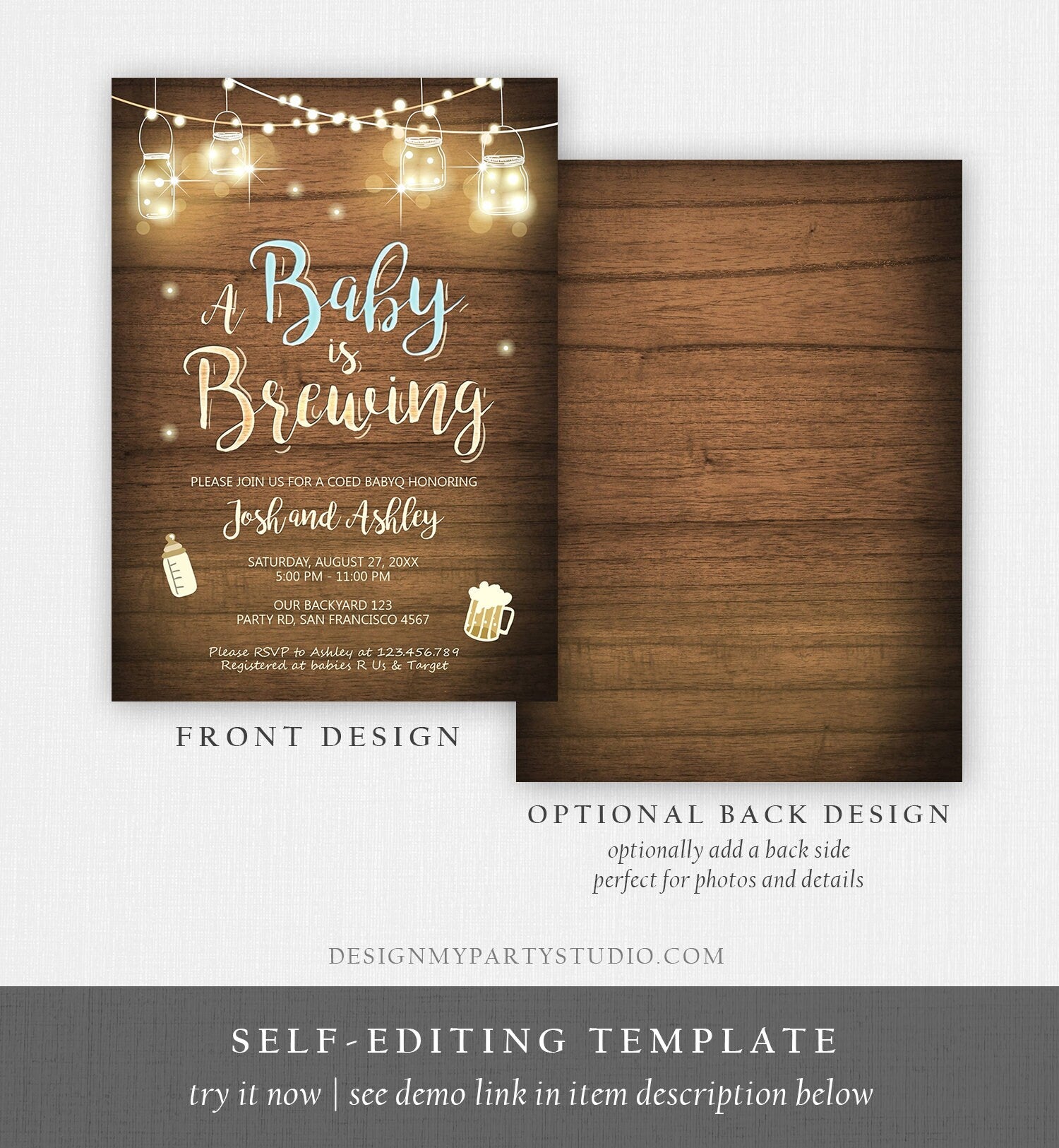 Editable A Baby is Brewing Invitation Bottle and Beers Baby Shower BaByQ BBQ Coed Couples Shower Boy Download Printable Template Corjl 0015