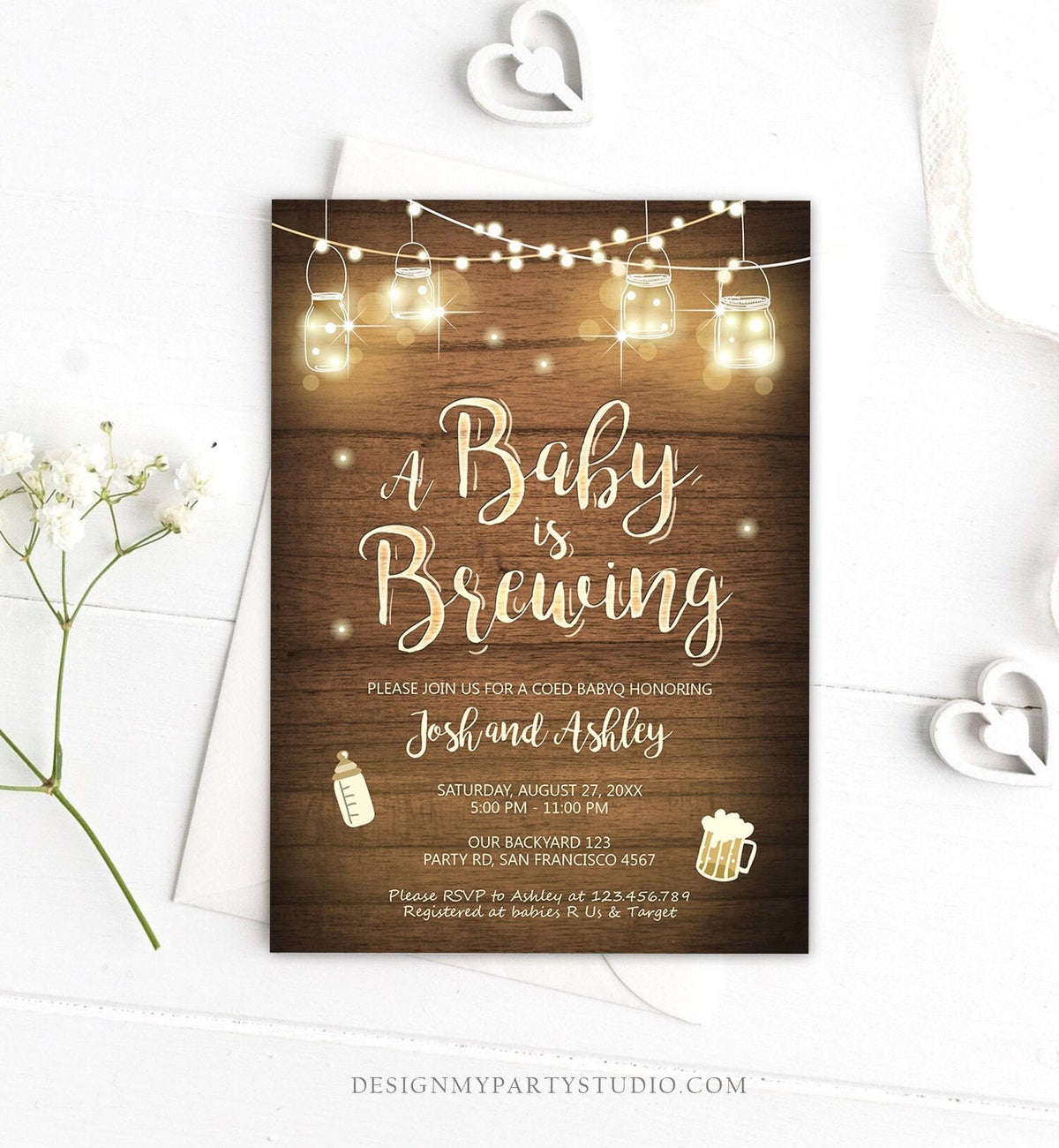 Editable A Baby is Brewing Invitation Bottle and Beers Baby Shower BaByQ BBQ Coed Couples Shower Wood Download Printable Template Corjl 0015