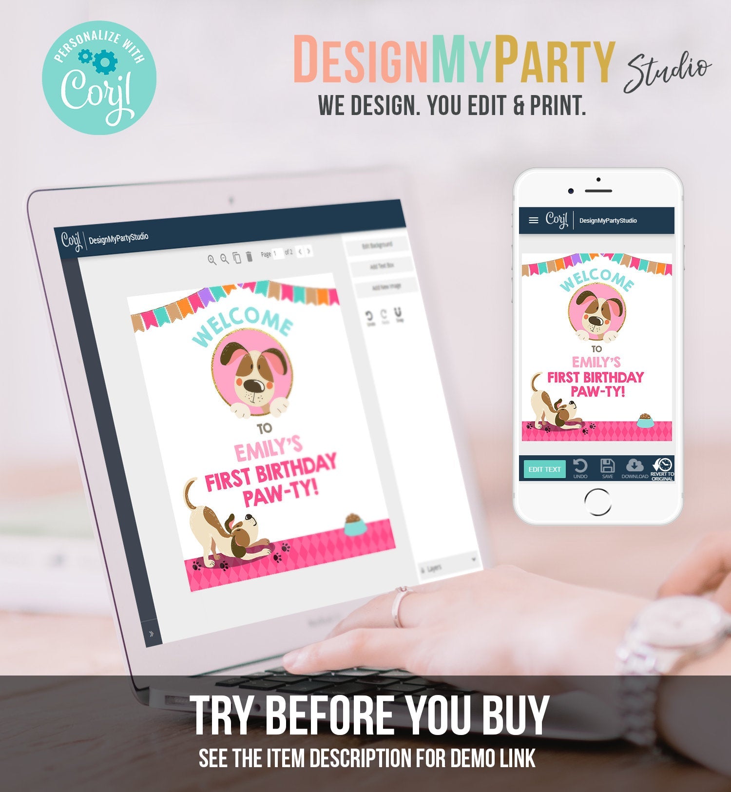 Editable Puppy Welcome Sign Dog Birthday Girl Pink Dog Party Welcome Pawty Puppy Party Dog Theme Birthday Template PRINTABLE Corjl 0048