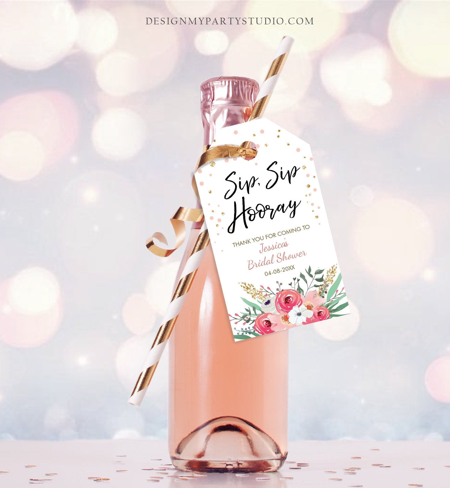 Editable Sip Sip Hooray Bridal Shower Thank You Tags Mini Wine Champagne Bottle Favor Wedding Pink Floral Gold Confetti Corjl Template 0059