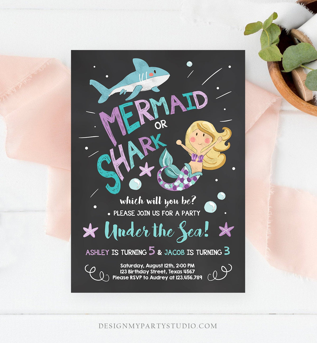 Editable Mermaid or Shark Birthday Invitation Under The Sea Party Coed Pool Party Brother Sister Download Corjl Template Printable 0197