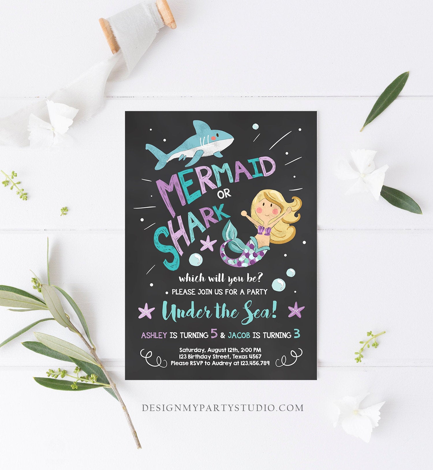 Editable Mermaid or Shark Birthday Invitation Under The Sea Party Coed Pool Party Brother Sister Download Corjl Template Printable 0197