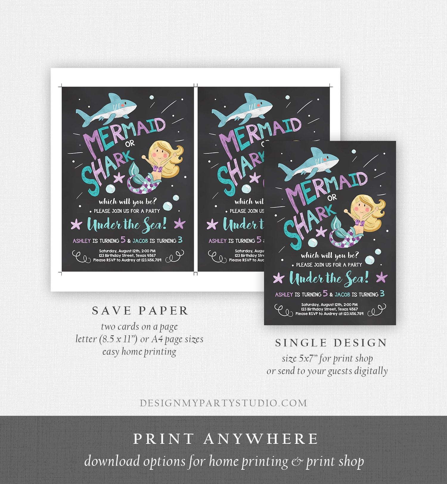 Editable Mermaid or Shark Birthday Invitation Under The Sea Party Coed Pool Party Brother Sister Download Corjl Template Printable 0197