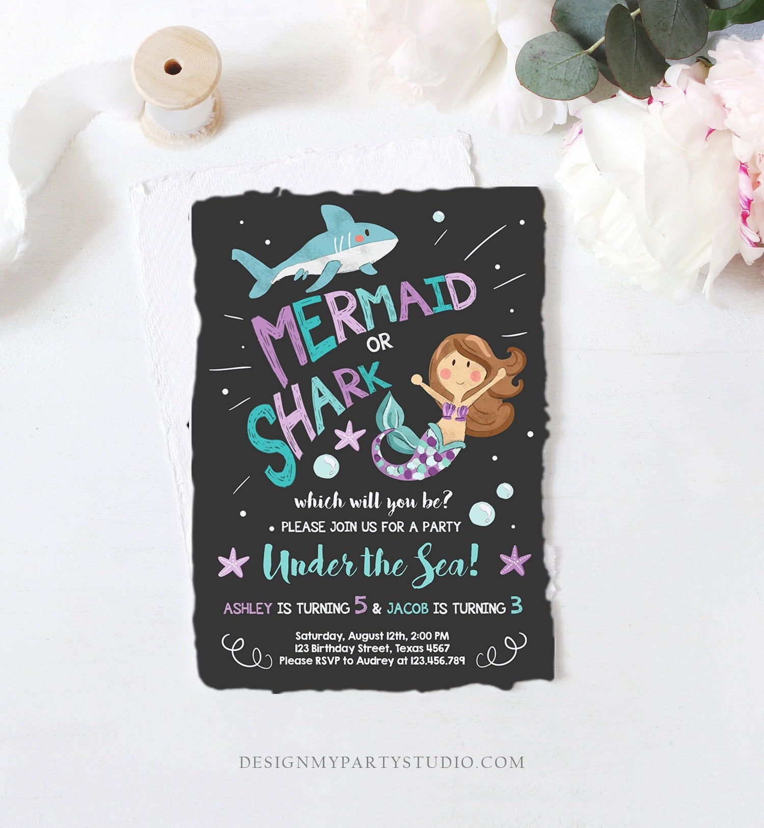 Editable Mermaid or Shark Birthday Invitation Under The Sea Party Coed Pool Party Brother Sister Download Corjl Template Printable 0197