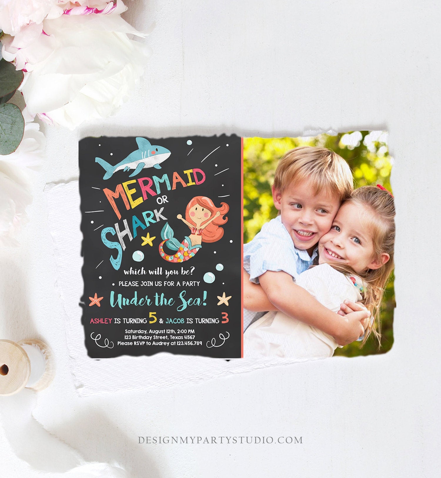 Editable Mermaid or Shark Birthday Invitation Under The Sea Party Coed Pool Party Brother Sister Photo Ocean Corjl Template Printable 0197