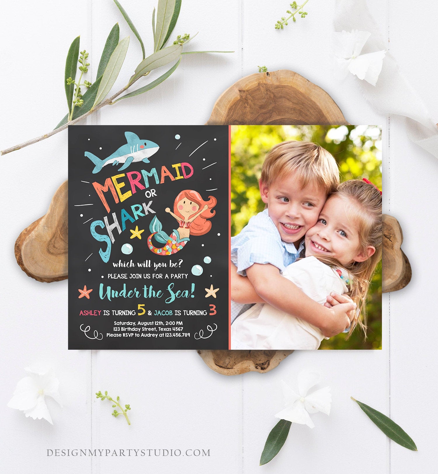 Editable Mermaid or Shark Birthday Invitation Under The Sea Party Coed Pool Party Brother Sister Photo Ocean Corjl Template Printable 0197