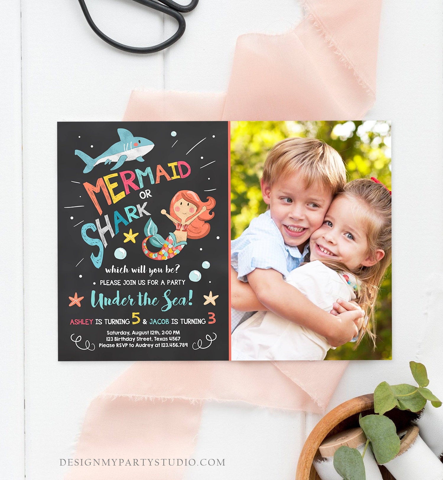 Editable Mermaid or Shark Birthday Invitation Under The Sea Party Coed Pool Party Brother Sister Photo Ocean Corjl Template Printable 0197