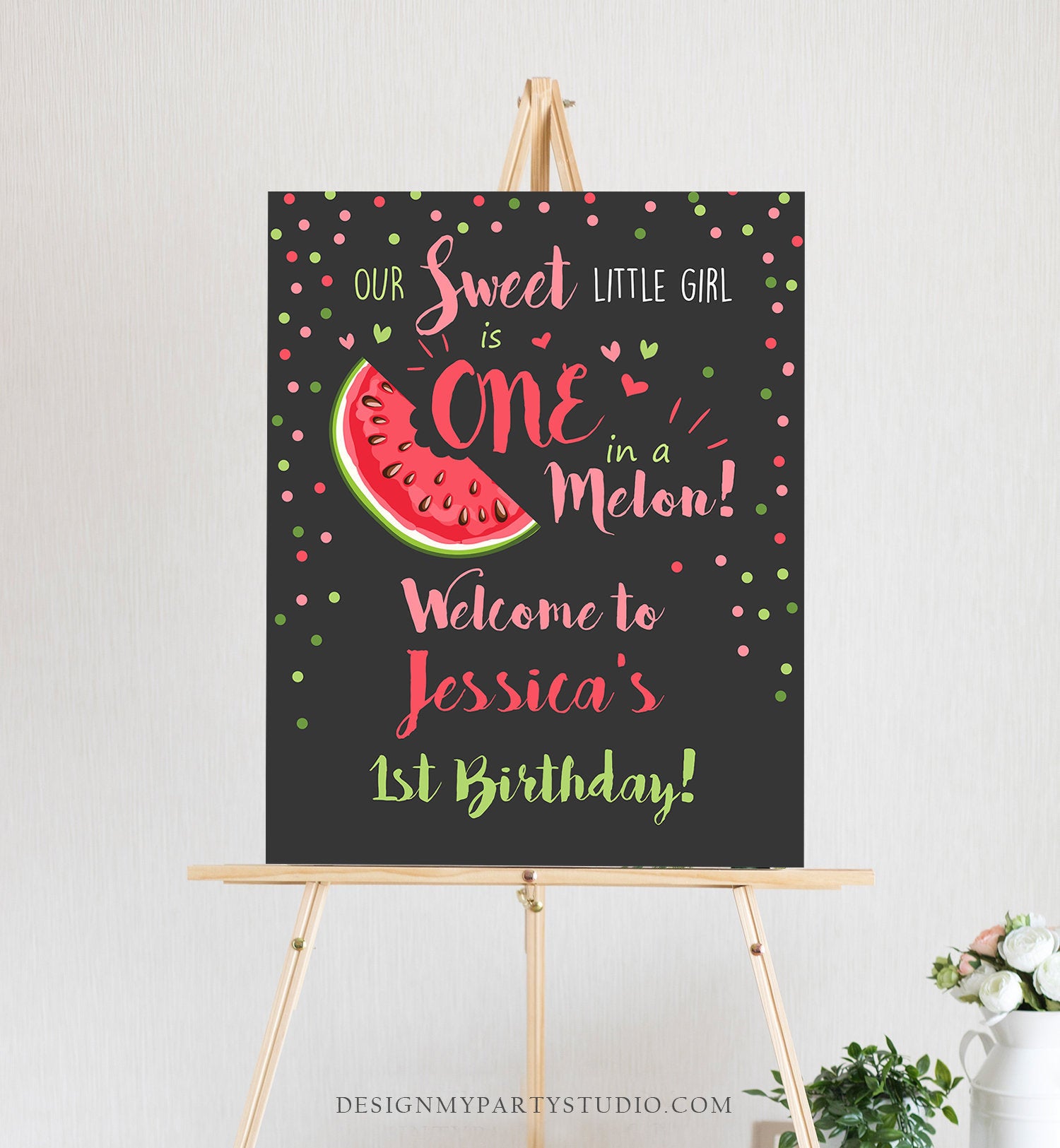 Editable Watermelon Welcome Sign Birthday Girl Pink Red One in a Melon Party Summer Fruit First Birthday 1st Corjl Template Printable 0120