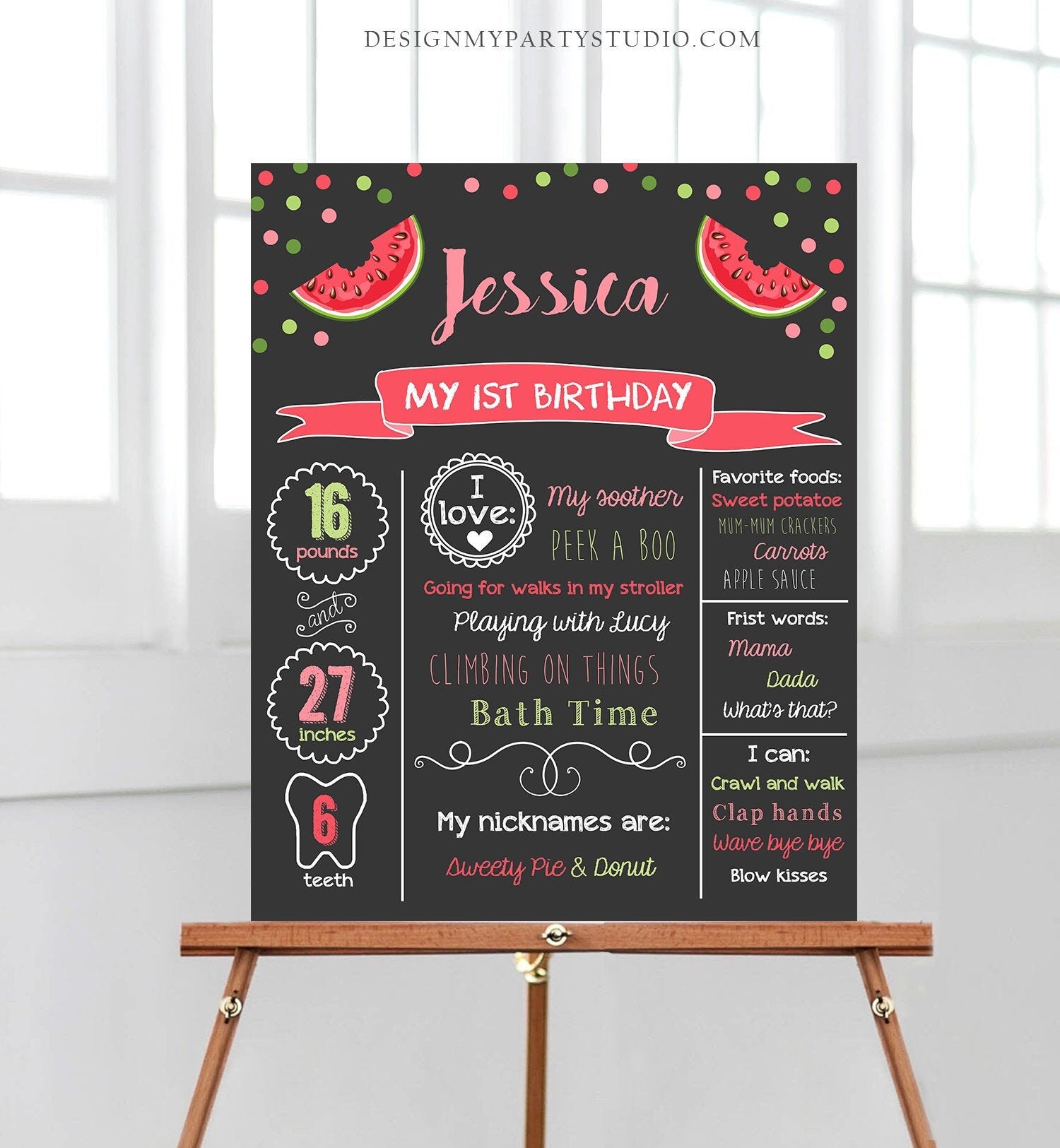 Editable Watermelon Birthday Milestone Sign First Birthday 1st Girl Pink Red One in a Melon Party Summer Fruit Poster Corjl Template 0120