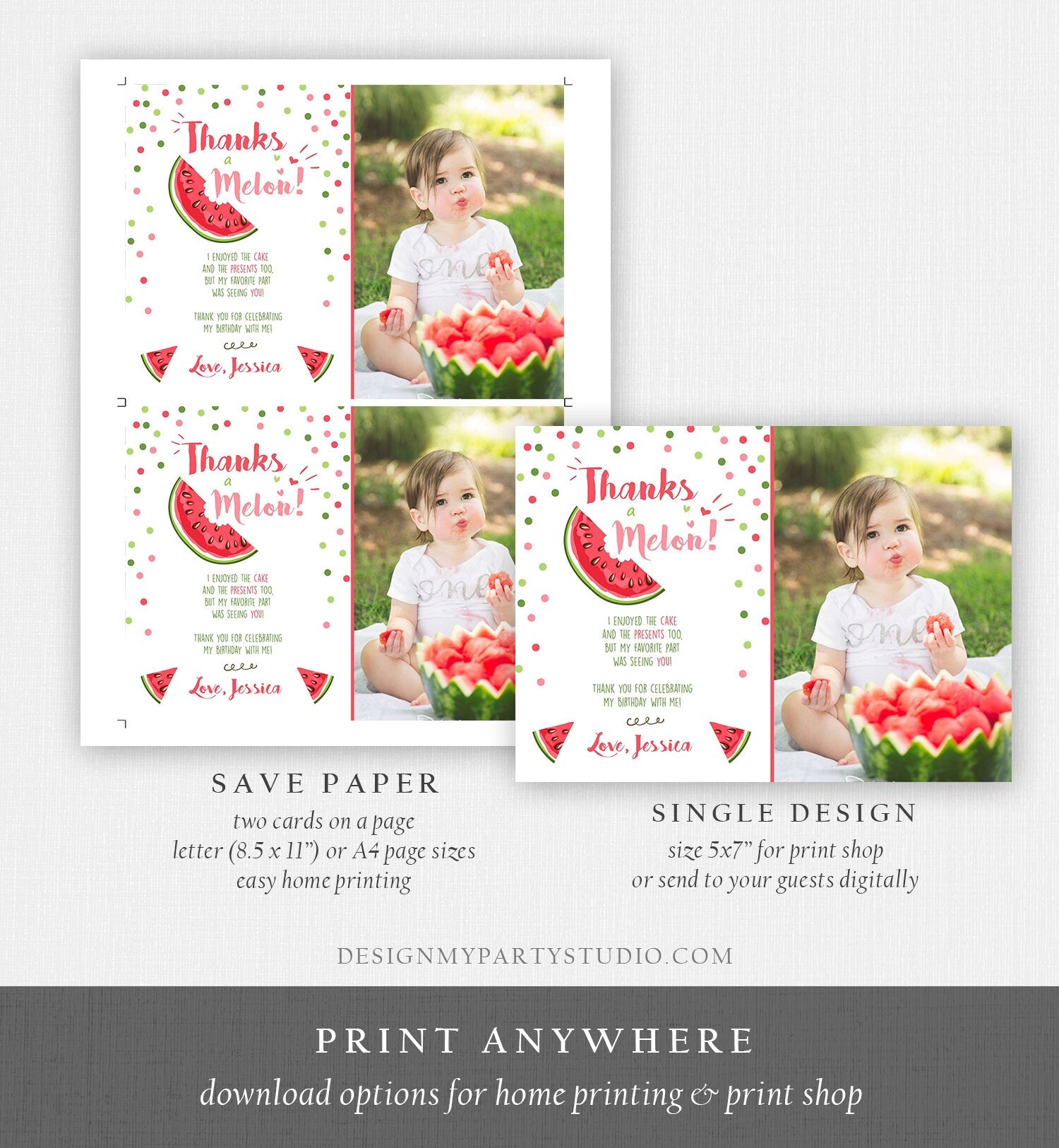 Editable Thanks a Melon Thank You Card Watermelon First Birthday Party Girl Pink Red Melon Summer Fruit Photo Corjl Template Printable 0120