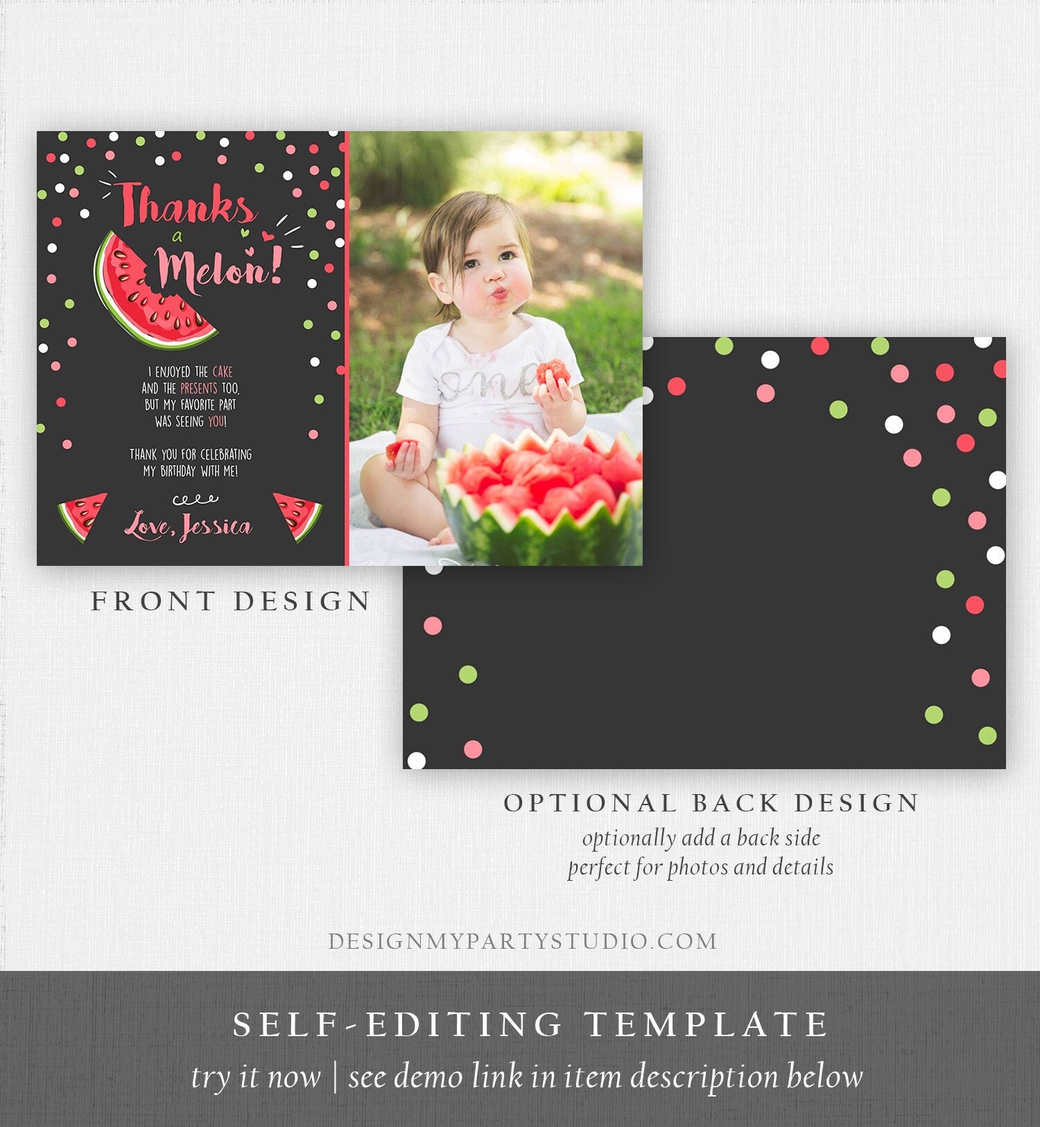 Editable Thanks a Melon Thank You Card Watermelon First Birthday Party Girl Pink Red Melon Summer Fruit Photo Corjl Template Printable 0120