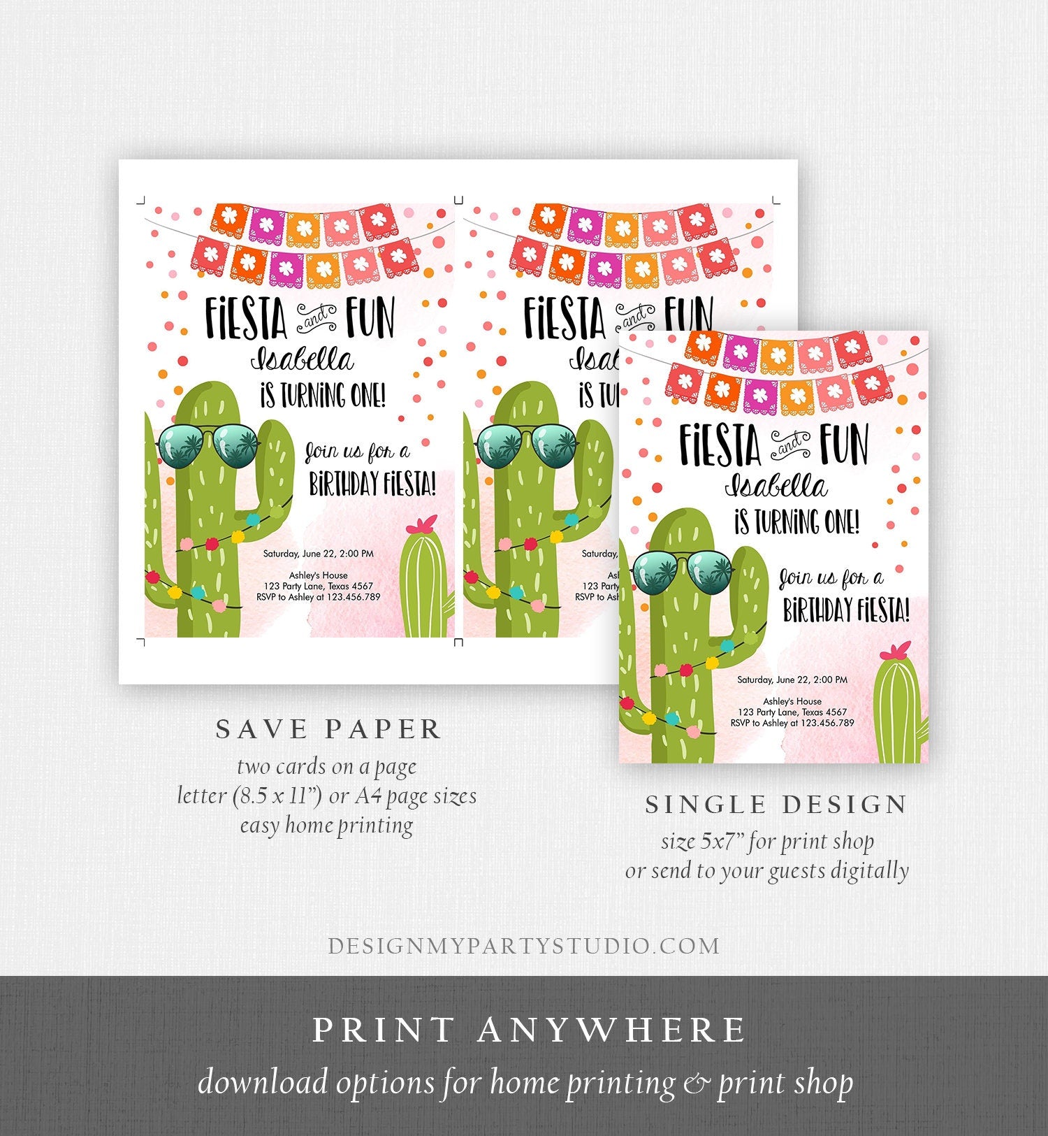 Editable Fiesta and Fun Birthday Invitation First Fiesta Cactus Pink Girl ANY AGE Instant Download Printable Invitation Template Corjl 0135