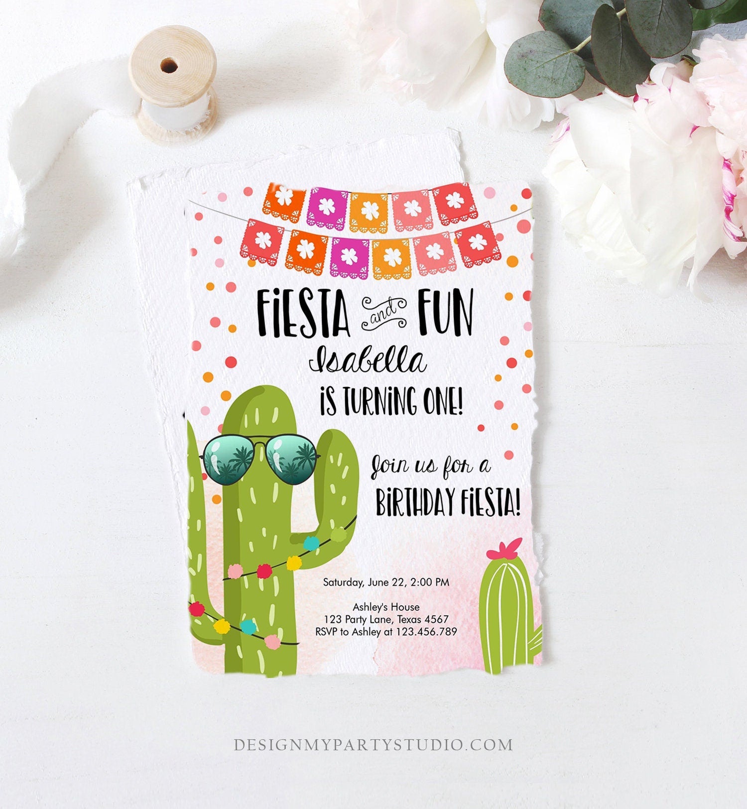 Editable Fiesta and Fun Birthday Invitation First Fiesta Cactus Pink Girl ANY AGE Instant Download Printable Invitation Template Corjl 0135