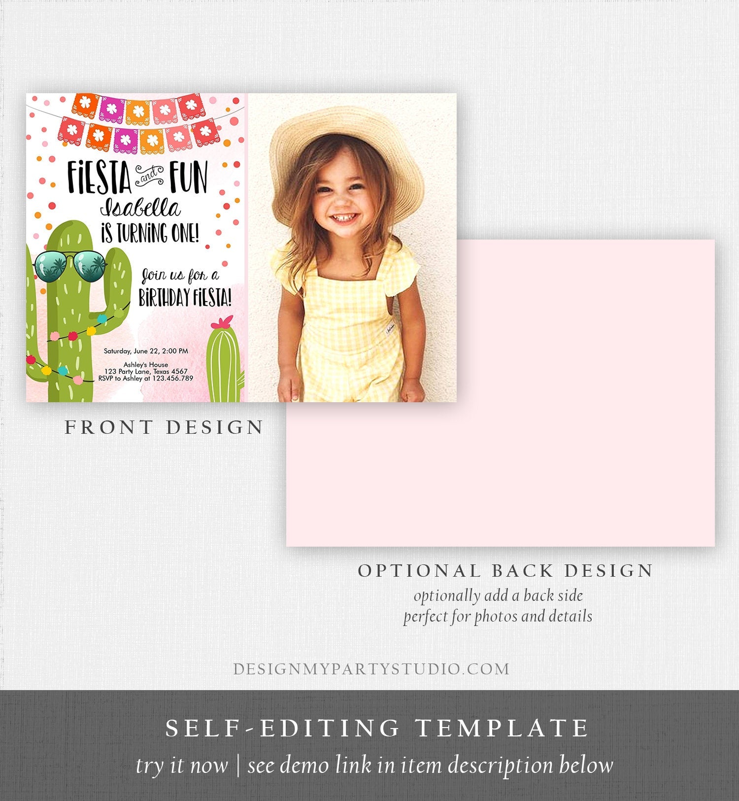 Editable Fiesta and Fun Birthday Invitation First Fiesta Cactus Pink Girl ANY AGE Instant Download Printable Invitation Template Corjl 0135