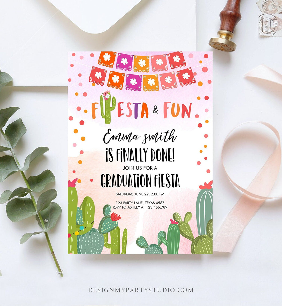 Editable Fiesta and Fun Graduation Party Invitation Finally Done Let&#39;s Fiesta Mexican Cactus Pink Girl Template Download Digital Corjl 0135