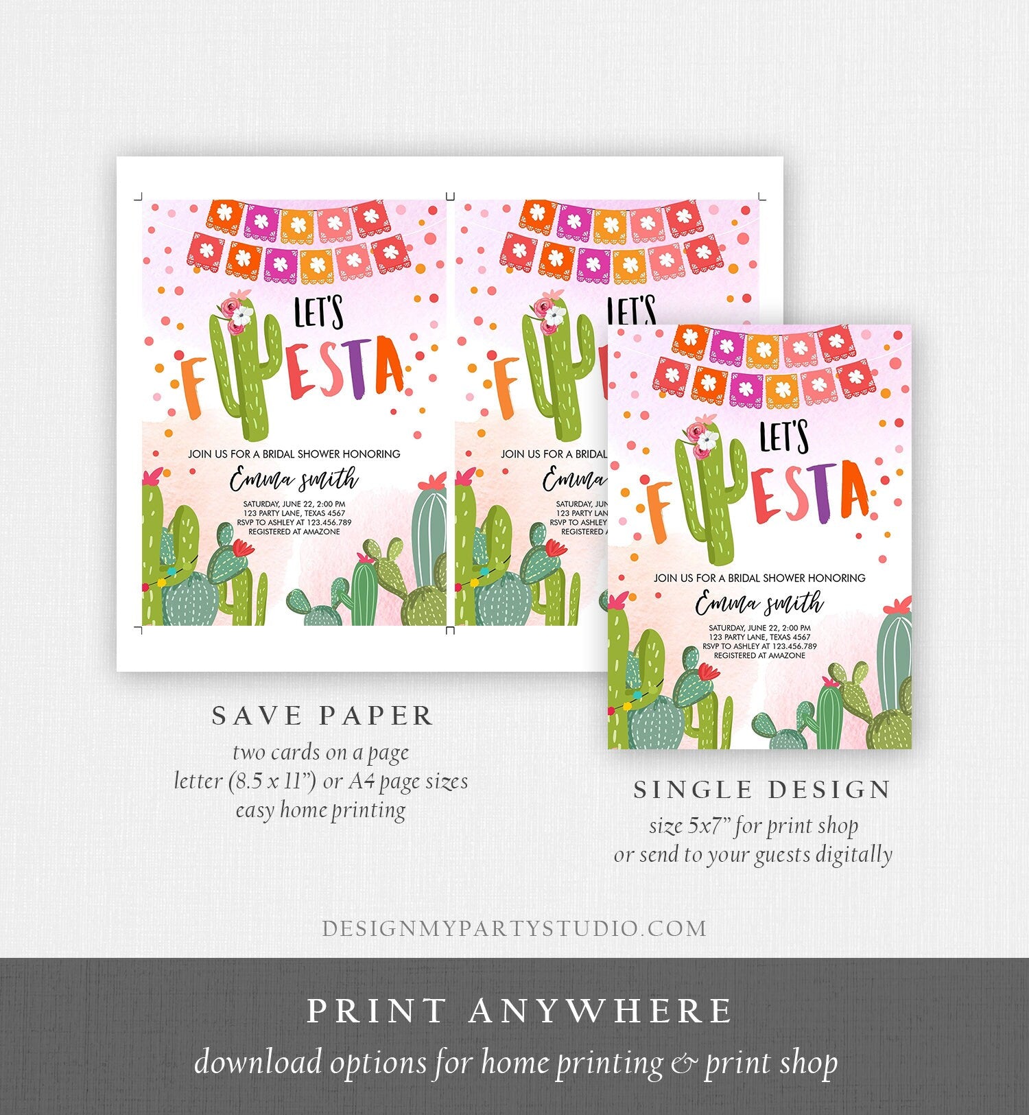 Editable Fiesta Bridal Shower Invitation Let's Fiesta Mexican Cactus Pink Couples Shower Wedding Invite Template Download Digital Corjl 0135